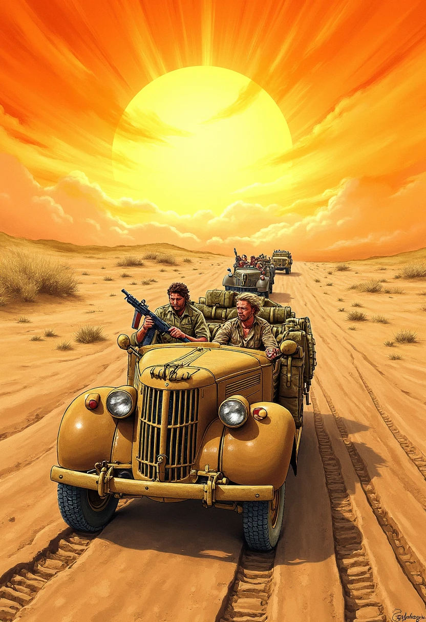 In a graphic novel style, imagine the Long Range Desert Group soldiers' convoy tearing through a desert expanse under a blazing sun. The soldiers, rugged and grizzled, are tense and alert, weapons ready as they scan the horizon for signs of the enemy. The vehicles, covered in desert camouflage, blend into the arid landscape, and their tires leave deep tracks in the sand. The swirling dust and oppressive heat radiate off the page, bringing the harshness of the desert to life.