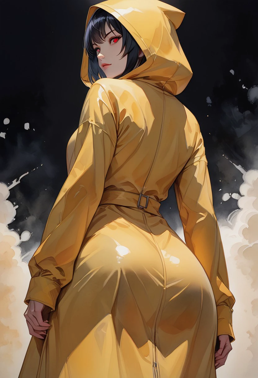 high res, good quality, accurate face, ((high resolution:1.2), (hi-res:1.2), masterpiece, best quality), ng_deepnegative_v1_75t, easynegative, fcNeg, Girl wearing a yellow raincoat, short black hair, pale white skin, hood over head, red eyes, standing, dynamic pose, black aura, black mist, dark background, bangs, view from below, view from behind, looking behind, girl looking at massive door, solo, Expressiveh, watercolor \(medium\), traditional media, sleeves,