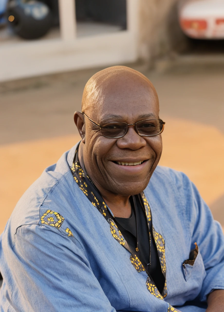 <lora:ManuDibango:1>A photo of Manu Dibango in Porto, outdoor, relaxed, sitting at a curb, smile, 4k, highest quality, masterpiece