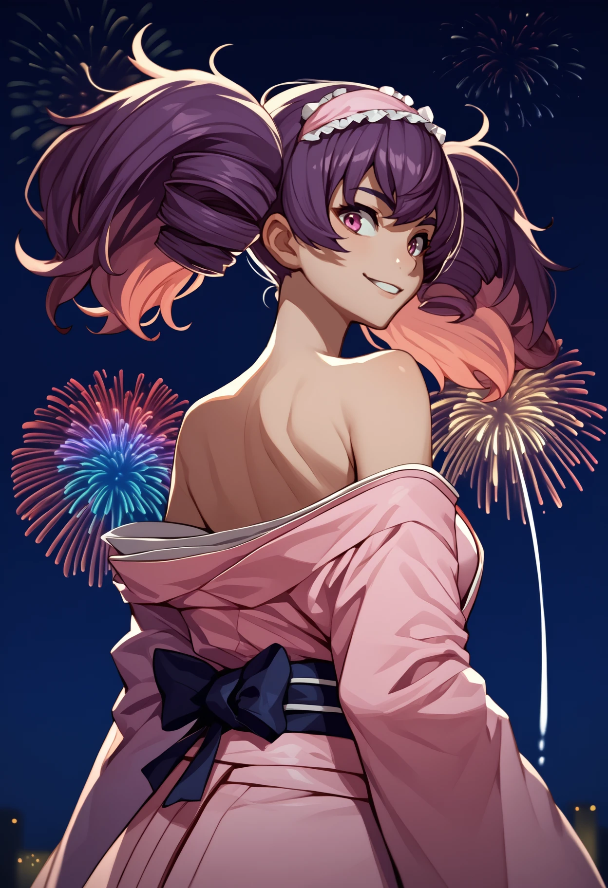 score_9, score_8_up, score_7_up, source_anime, <break> from behind, solo, 1girl, minenedress, light smile, looking back, twintails, frilled hairband, japanese clothes, pink kimono, off shoulder, bare shoulders, fireworks
<segment:yolo-face_yolov8m.pt,0.4,0.5//cid=1>