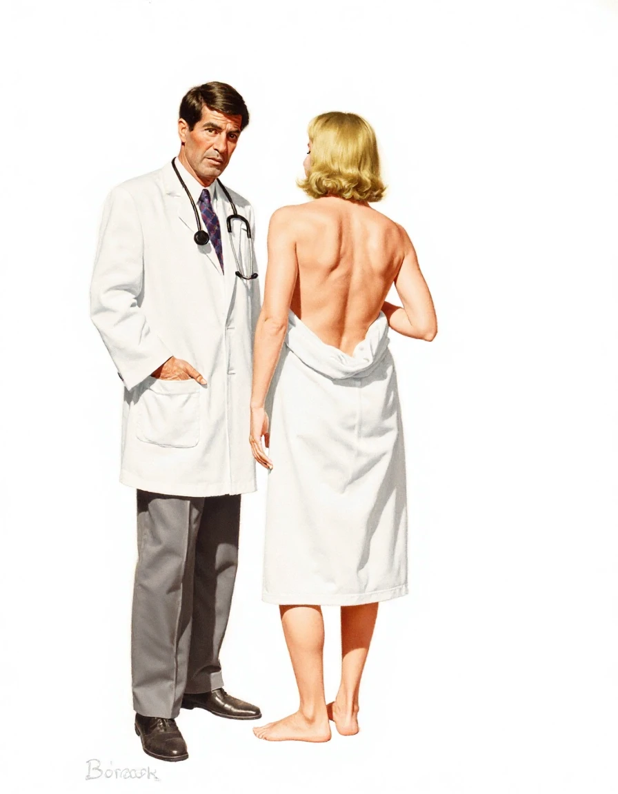 The image is a painting by StanleyBorack of a man and a woman. The man is dressed as a doctor is standing on the left side of the image, wearing a white lab coat and a stethoscope around his neck. He is looking at the woman with a serious expression on his face. The woman is standing in front of him, facing away from the camera. She is wearing a long white towel with a low back and her blonde hair is styled in loose waves. She is nude beneath the towel. The background is plain white. The painting is done in a realistic style, with loose brushstrokes and vibrant colors.
<lora:StanleyBorack_000002000:1>