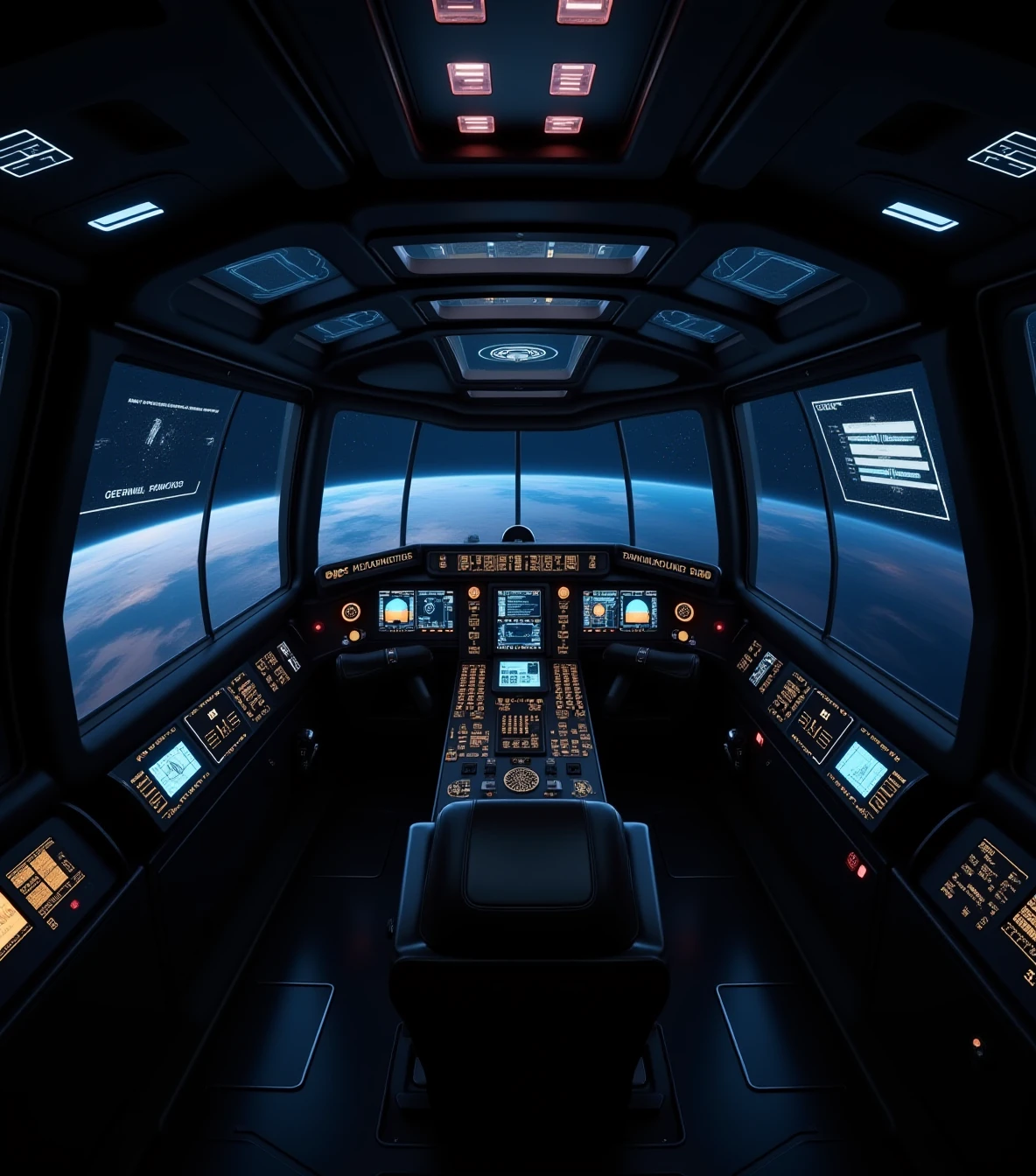 scifi room, The pilot’s cockpit is a compact but high-tech space, with an expansive glass canopy offering an uninterrupted view of space. A series of touch-sensitive panels are built into the armrests of the pilot’s chair, allowing for quick adjustments mid-flight. The room is dimly lit by the glow of numerous status indicators and holographic projections.