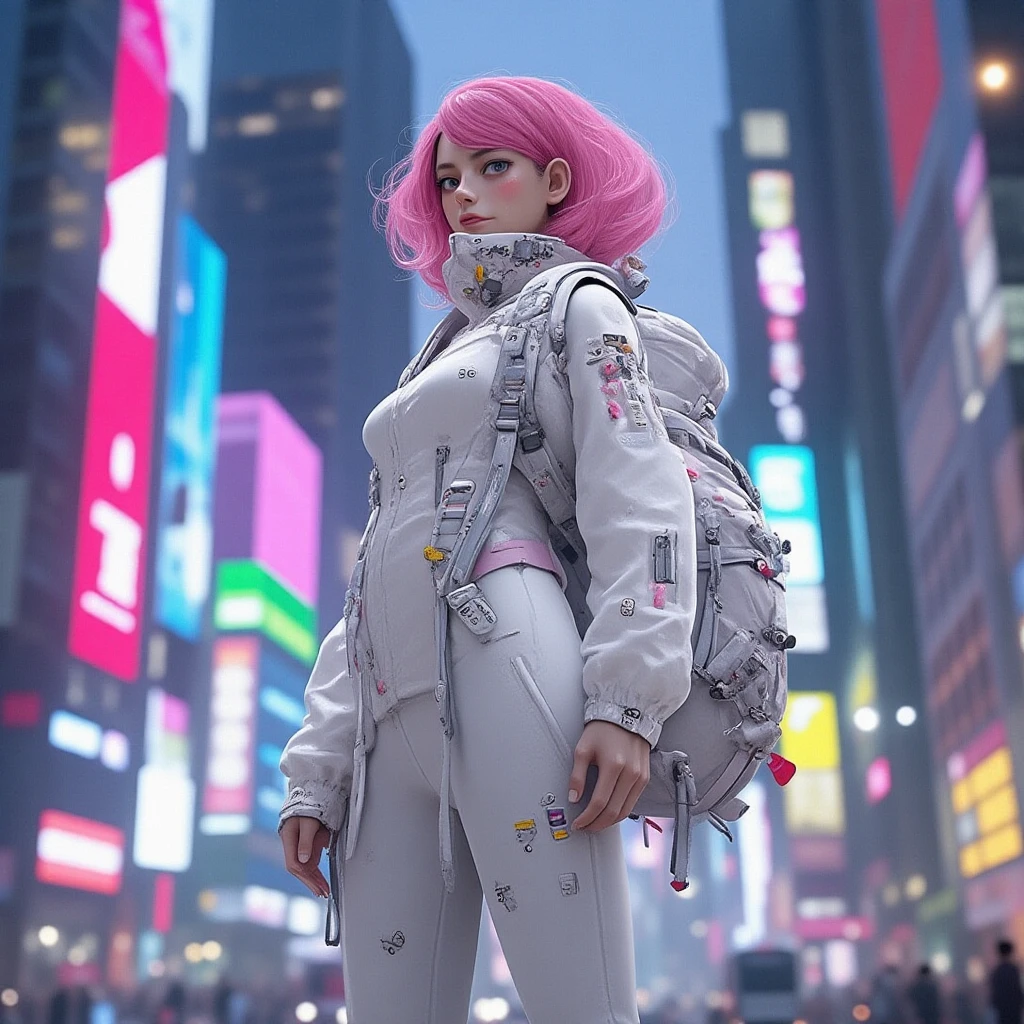 A futuristic metropolis unfolds behind the young woman, its skyline ablaze with luminous streetlights, holographic advertisements cascading down the facades of sleek skyscrapers, and flying taxis buzzing through the air like iridescent insects. "Rebel of tomorrow," she stands resolute, her feet shoulder-width apart on the pavement as if about to launch into action at any moment. The pink hue of her coiffed hair seems to be absorbing the vibrant cityscape around her, infusing an aura of electric dynamism in stark contrast to the subdued palette of her whitesuitsuit. Every functional detail of "Urban Nomad"'s attire has been meticulously optimized - six high-end communications devices secured across the waistband-style main gear pocket's multiple loops and fasteners, several miniature surveillance modules camouflaged on backpack straps' reflective strips like stardust splashed against a cosmic dusk.
