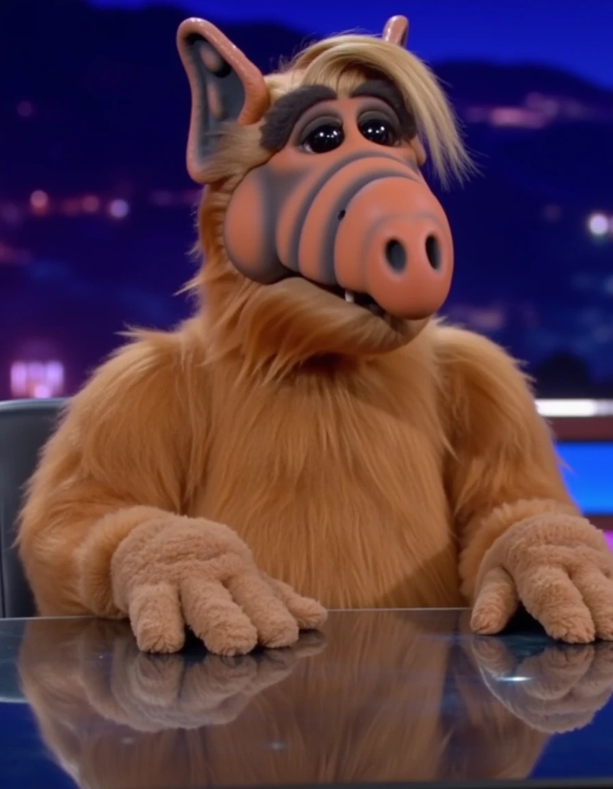 a photo of the newly discovered animal, <lora:flux_Alflux:1> Alflux, on a news panel during a prime time talk show