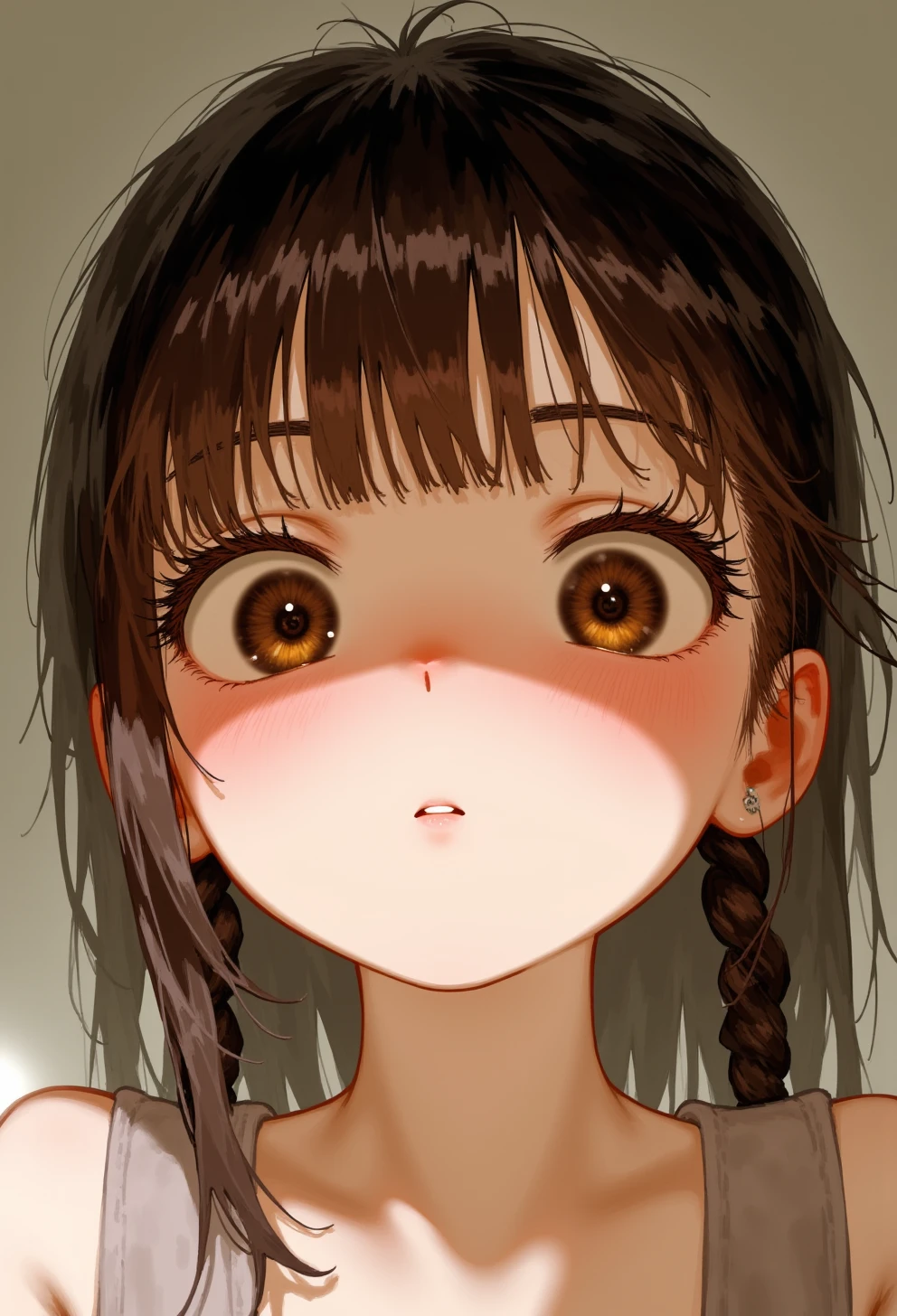 In a close-up, a girl stares at her nose from a mirrorâs point of view, her eyes comically crossed. Her face, framed by messy strands of brown hair, scrunches up as if she's on the verge of sneezing, her nostrils flaring slightly. Her lips are parted, caught between a smile and a sneeze, giving her an amusing, exaggerated expression. The soft light reflects off her slightly flushed cheeks, accentuating the humor of the moment, while her wide-eyed, focused look makes the scene feel playful and lighthearted.