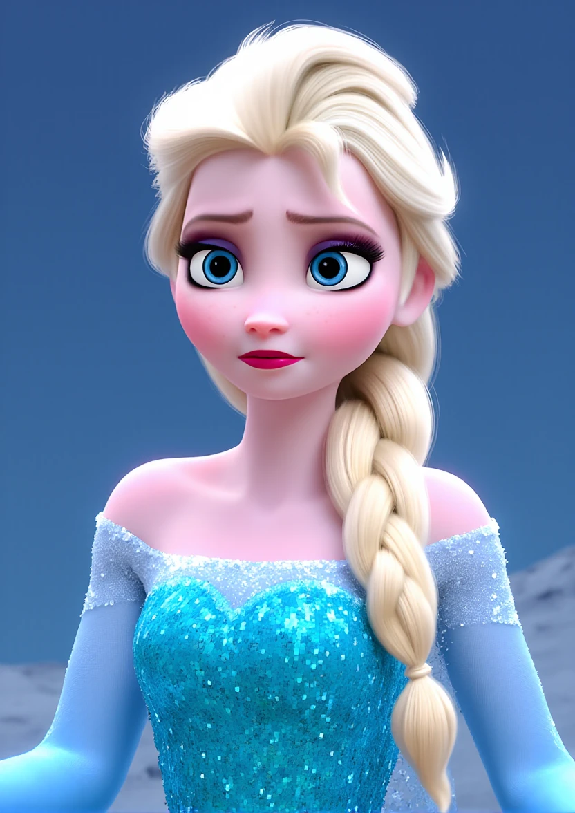 masterpiece,4k studio photo quality,clear photo,ultra detail skin,single braid,elsa \(frozen\), Elsa's Sparkling Blue Dress, portrait of a frozen princess with blonde hair and braid on the right side,She has blue eyes, red lipstick, eyebrows, lips, nose and her arms are open and she is wearing a light blue outfit , <lora:Elsa-Flux:1>ï¼