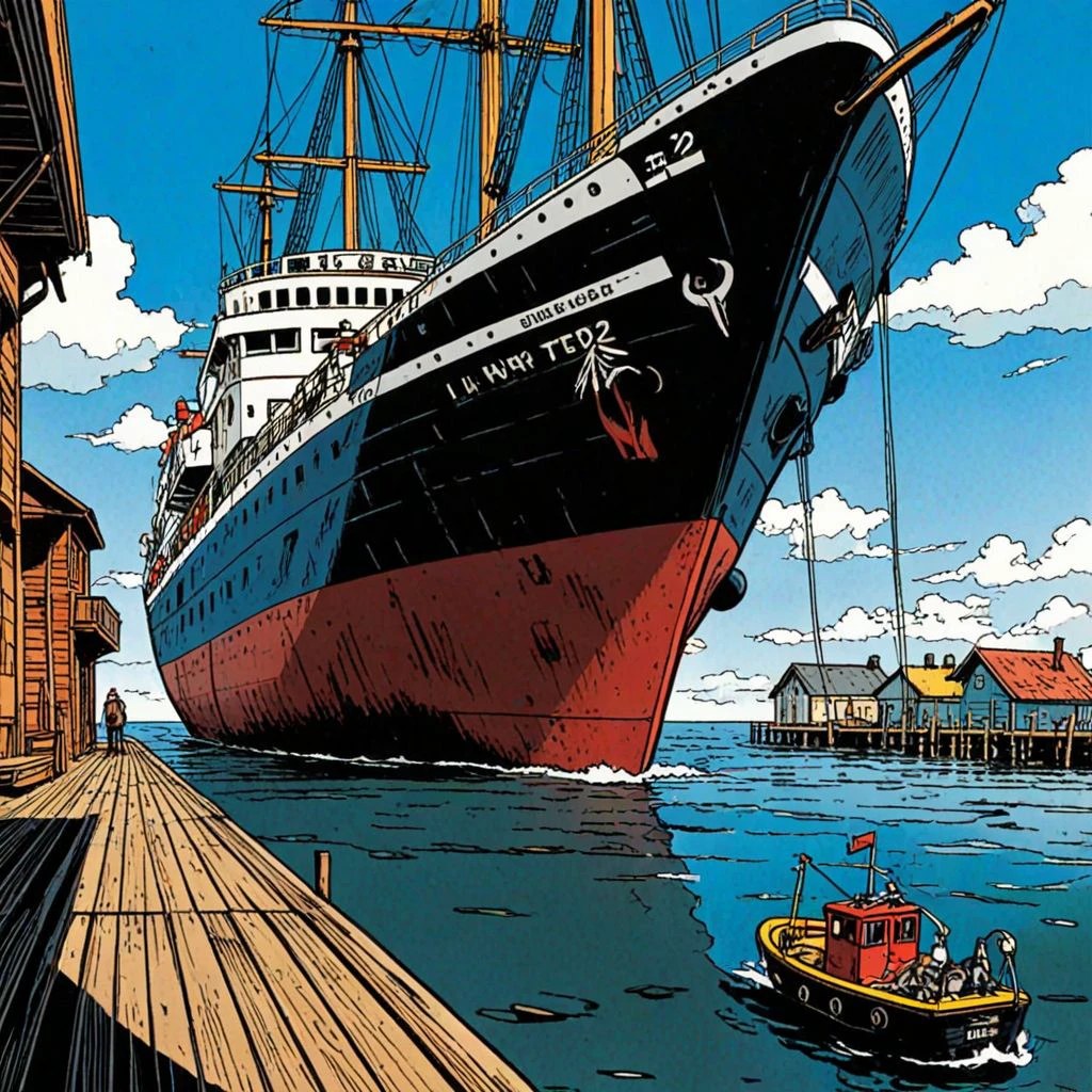 a ship at the dock, from below
<lora:RickXl_v1:0.75> rick_hocket, comic book style, outputric, rich vivid detailed background