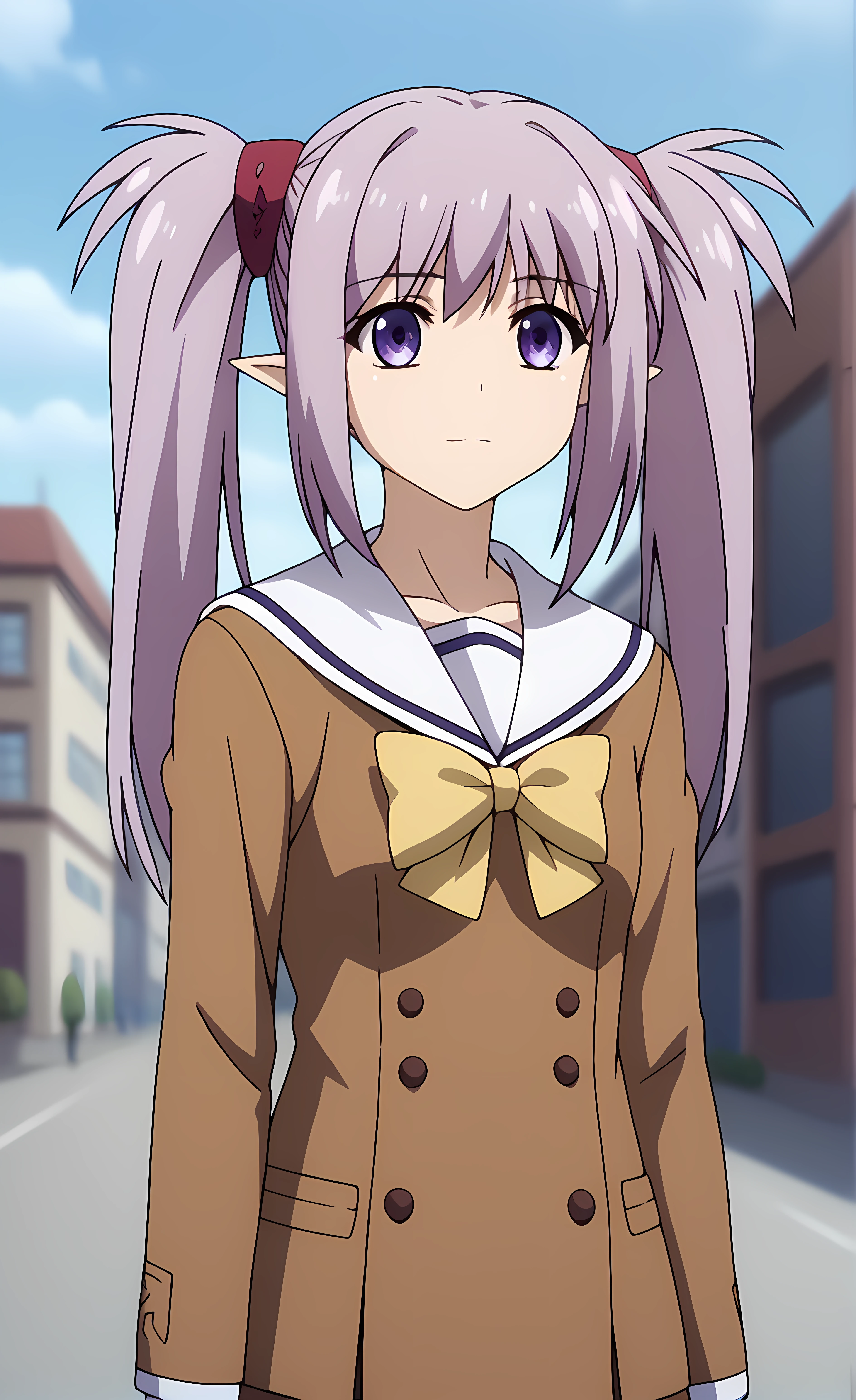 score_9, score_8_up, score_7_up source_anime,closed mouth, shiny skin, light smile,ohwx, 1girl, solo, sidelocks, twintails, long_hair, purple_eyes, purple_hair, grey_hair, empty_eyes, expressionless, pointy_ears,school_uniform, bow, long_sleeves, yellow_bow, serafuku, Walking with hands touching the ground, fantasy city,<lora:primula_pony_sobsynapse-000004:0.8>