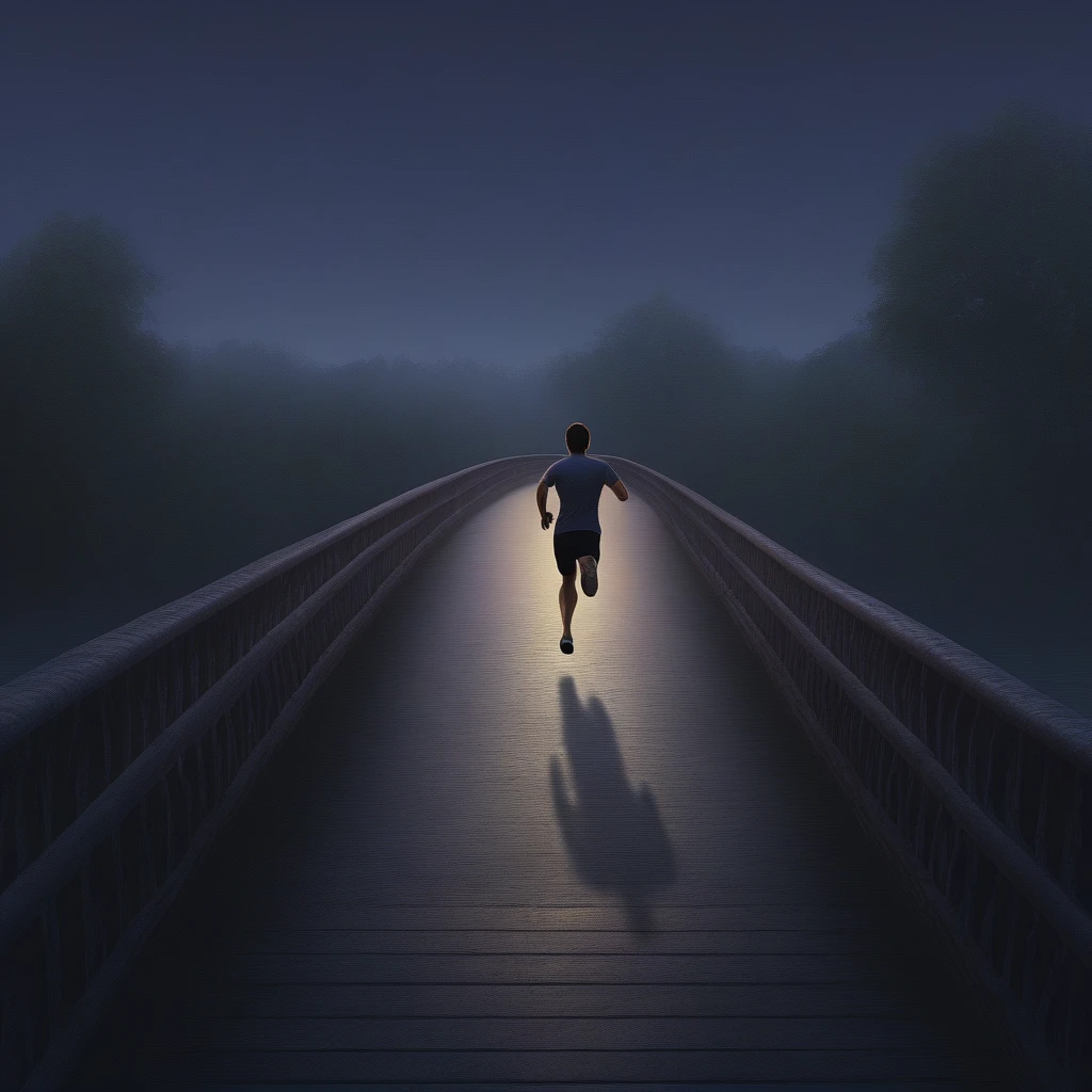 1 man running across a bridge, twilight, photorealistic