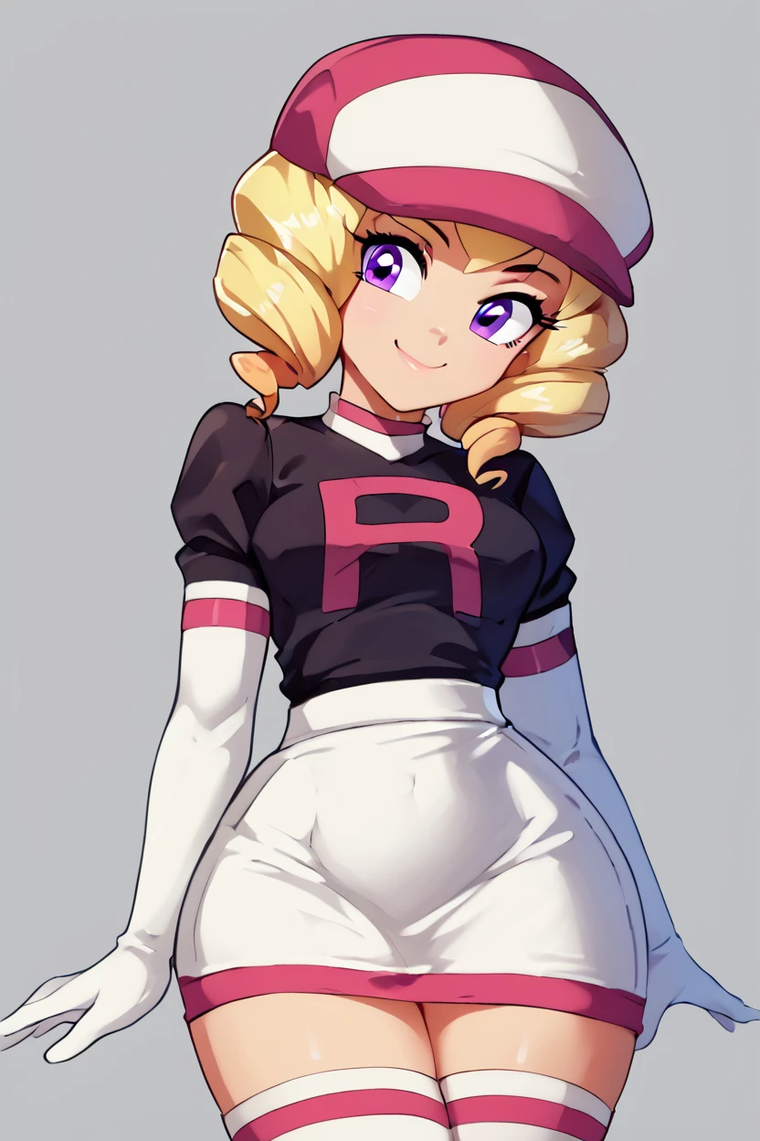 score_9, score_8_up, score_8, medium breasts, (curvy), cute, eyelashes,       BREAK, , zzDomino, purple eyes, blonde hair, drill hair, team rocket, white hat, black shirt, white skirt, white gloves, white thighhighs, <lora:Domino_Pokemon_PDXL:1.0>,  , BREAK, looking at viewer,  smile, upper body, leaning forward, head tilt,  embedding:zPDXL, Expressiveh, <lora:theButcherXPDXL:1.0>, <lora:CatalystStylePDXL:0.6>,  <lora:SDXLFaeTastic2400:0.5>,  <lora:Expressive_H-000001:0.4>,