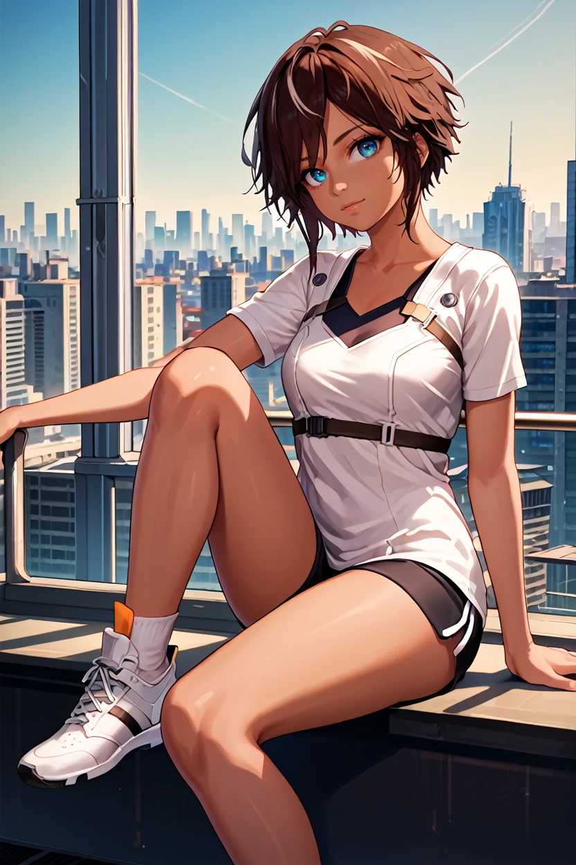 score_9, score_8_up, score_7_up, score_6_up
<lora:RMNilin:1.0>
RMNilin, 1girl, brown hair, white streaks, short hair, dark skin, blue eyes, looking at viewer, sitting on a windowsill, one leg bent, one hand resting on the knee, city skyline at dusk in the background, moody and reflective ambiance