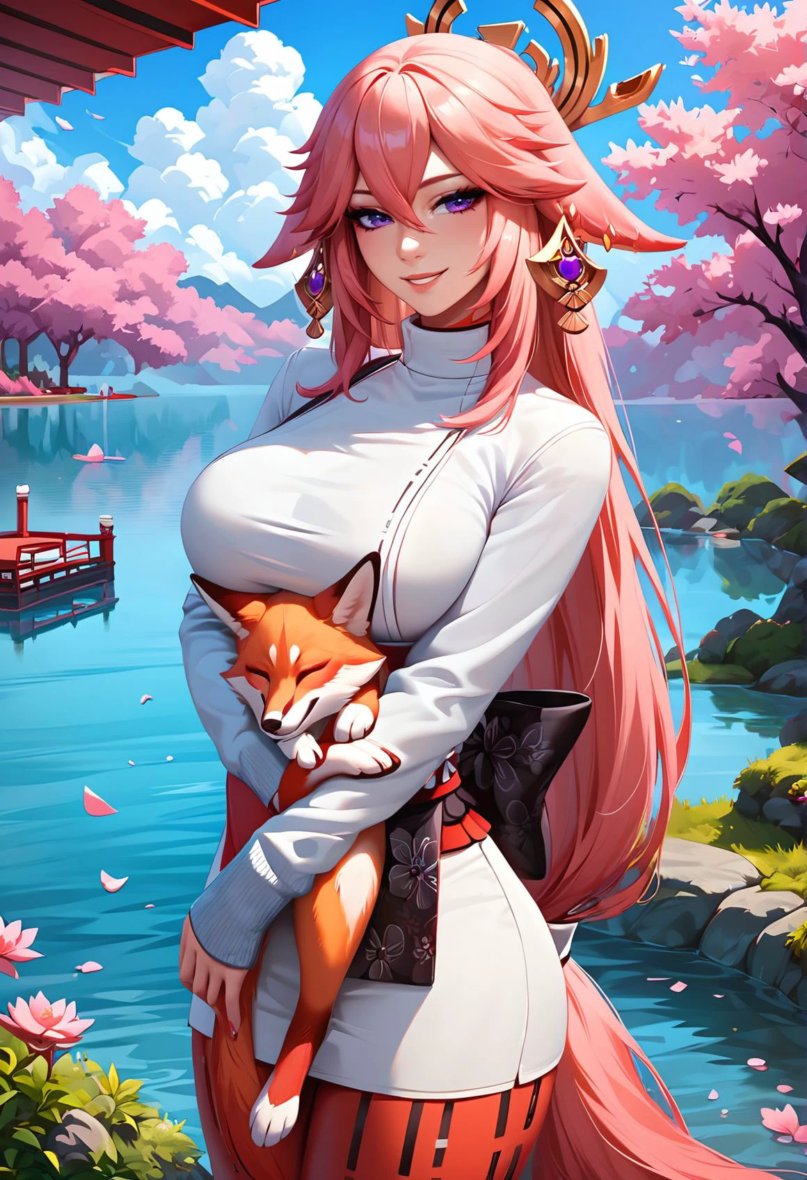 score_9, score_8_up, score_7_up,
vibrant, highly detailed, award-winning, professional,
beautiful aesthetic, very intricate, high quality details.
1girl, solo, yae miko, fully clothed,
smile,
animal, fox, hugging animal,
outdoors, lake, east asian architecture, detailed background
