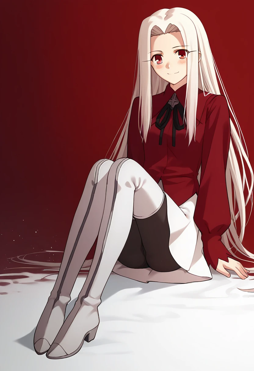 score_9, score_8_up, score_7_up, source_anime ,  <lora:Irisviel von Einzbern pony2:0.8>, irisviel von einzbern, white skirt, red shirt, shirt, long sleeves, 1girl, solo, long hair, red eyes, white hair, thigh boots, pantyhose, thighhighs, skirt, boots, smile, sits, blushes, background gradient, ass