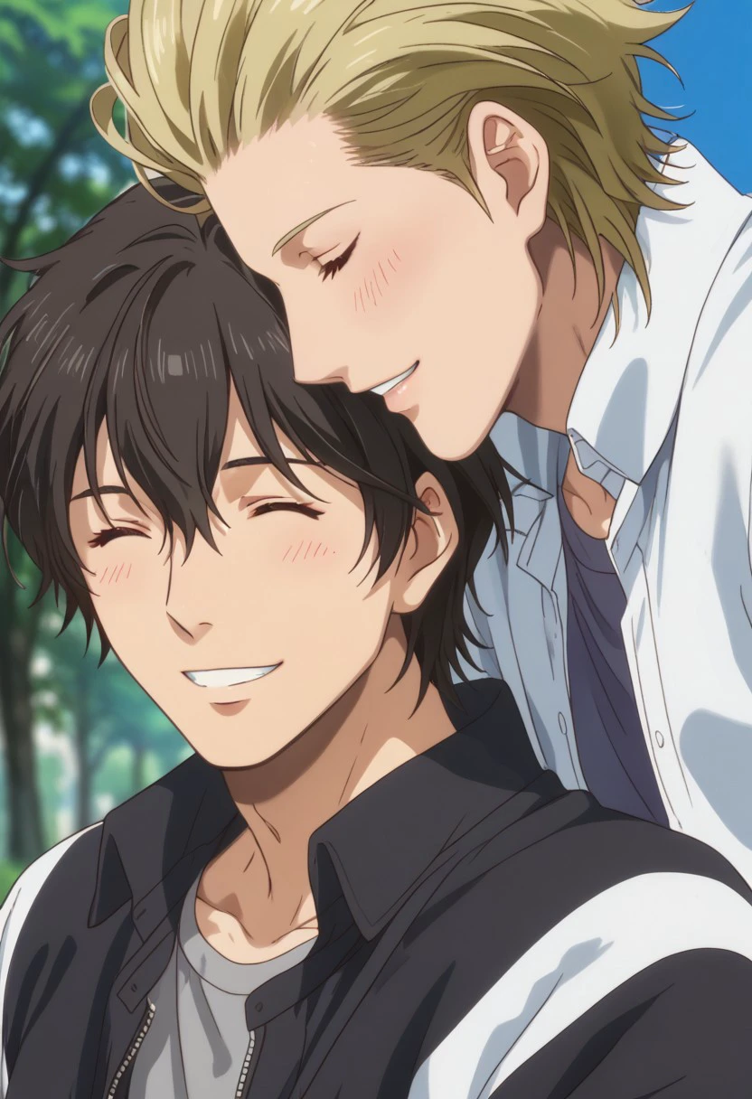 score_9, score_8_up, score_7_up, source_anime, rating_safe, AlexDG, blonde_Alex_hair slicked back, [NatsuoDG, black_Natsuo_male hair], gay couple focus, 1boy, 1androgynous, anime screencap, best friends, closed eyes, wide smile, sweet-cute wallpaper, happy-cheery,