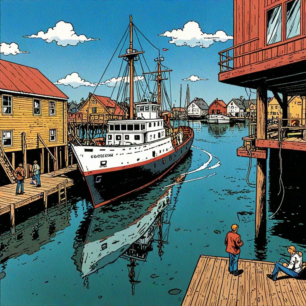a ship at the dock, from below
<lora:RickXl_v1:0.75> rick_hocket, comic book style, outputric, rich vivid detailed background