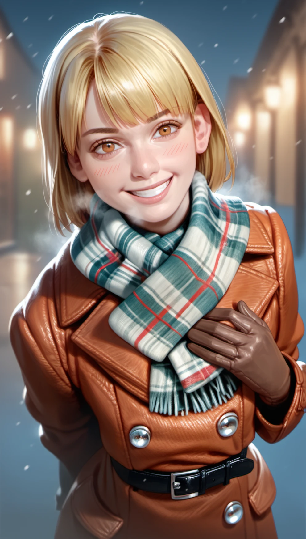 score_9,score_8_up,score_7_up,
<lora:ashleygraham:1>,
ashleygraham,
photorealism,
1girl,solo,
blonde hair,bob cut,bangs,
golden eyes,looking at viewer,
blush,steam,
smile,grin,
brown coat,plaid scarf,black belt,brown gloves,
upper body,(hand on chest:1.1),from above,
blurry background,outdoors,night,snowing,village,vignetting,lights particle,bloom,