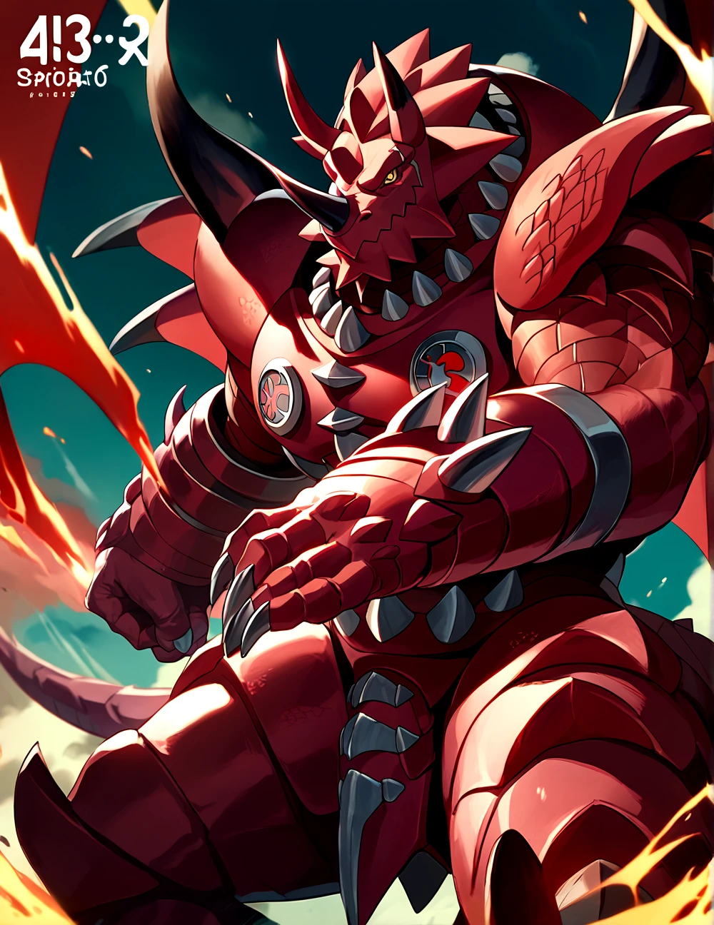 score_9, score_8_up, score_7_up,
<lora:Dorbickmon_(Digimon)_(Pony)_(AD):1> Dorbickmon, Digimon, muscular, crimson red skin, dragon, yellow eyes, colored sclera, horns, spikes, 
8K, In'ei, chiaroscuro, depth of field, rim lighting, clear_eyes,
perfect hands, perfect proportions, peak physical perfection, perfect male physique, powerful muscular body, impressive physique, thick arms, thick legs, large shoulders, wide thick chest,
dynamic action pose, detailed anime background, detailed photographic fluffy anime clouds, perfect hands, masterclass anime, alluring gaze, dynamic lighting, photographic realism, 
BREAK zPDXL, zPDXLxxx,