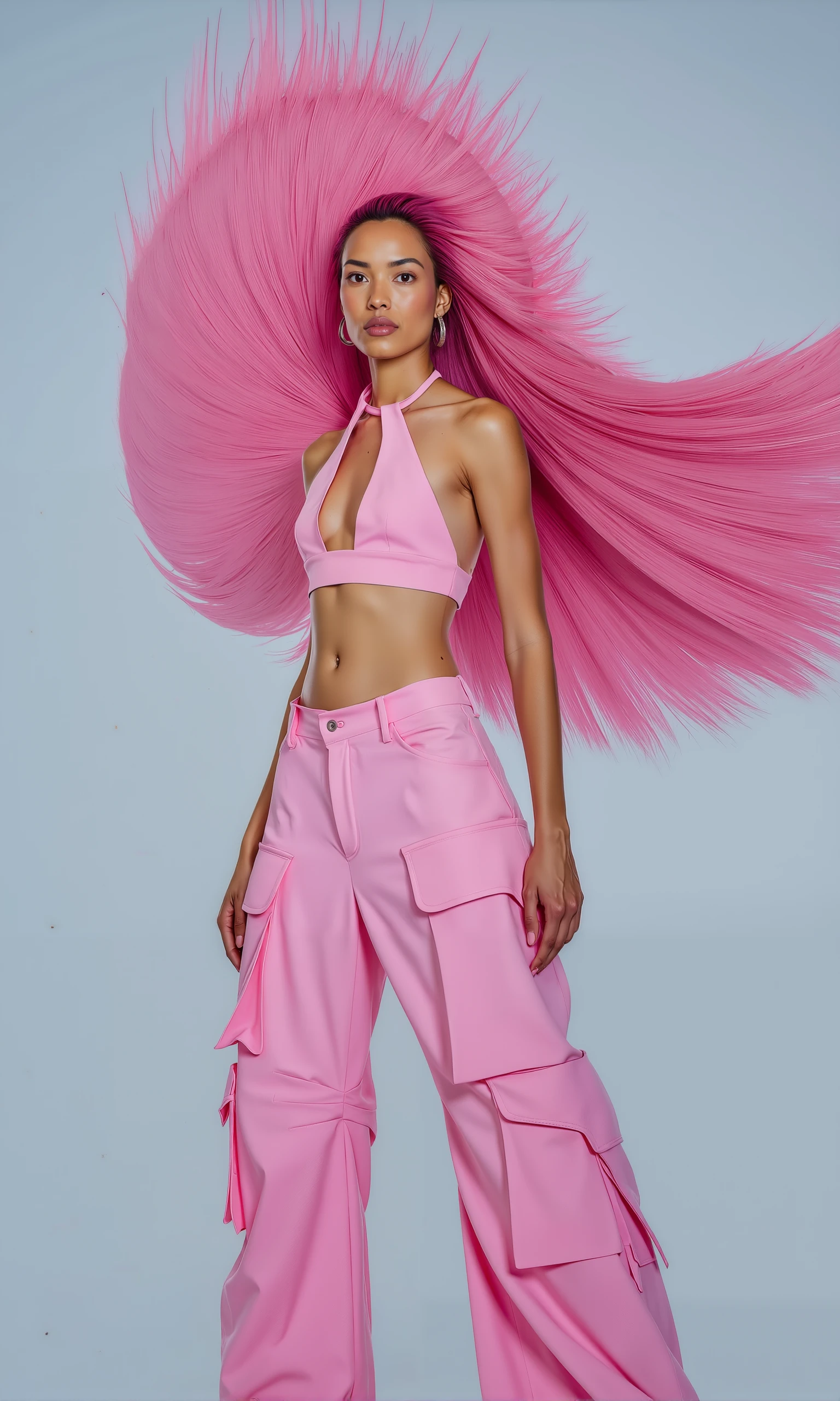 A model wearing MoA,the pink halter top and matching pink cargo pants stands in the center of a surreal, high-fashion moment, with her long, vibrant pink hair flying upward as if caught in a gust of wind. The hair fans out dramatically, creating a mesmerizing visual effect that adds motion and energy to the scene. Her pose is strong and slightly relaxed, with her shoulders back and head tilted up, gazing confidently forward, giving off a fierce, high-fashion editorial vibe.

The mood is bold and futuristic, with a touch of fantasy. The pink cargo pants, with their utilitarian design, contrast beautifully with the sleek, flowing movement of her hair and the soft texture of her halter top, blending edgy street style with ethereal beauty. The overall look feels like an avant-garde, fashion-forward dream, combining strength and elegance in a visually striking way.

The lighting is soft but bright, casting a cool-toned glow over the scene, which emphasizes the vibrant pink of her hair and outfit. The light enhances the texture of the flowing hair and creates subtle highlights along her cheekbones, adding depth to her facial expression. There are no harsh shadows, which gives the image a clean, modern feel, but the upward movement of the hair creates dynamic contrast in the lighting.

The camera is positioned at a medium close-up, capturing the model from the waist up, with a slight upward tilt to emphasize the powerful movement of her hair. The sharp focus on her face and hair draws the viewer’s attention directly to her confident expression and the flowing lines of the image. The movement of the hair adds a sense of excitement, as if the model is in the midst of a fashion transformation.

The background is minimalist, with subtle gradients of soft blue and grey that keep the focus entirely on the model, her pink hair, and her outfit, allowing the vivid pink tones to stand out dramatically against the neutral tones. The scene feels like a futuristic, fashion fantasy brought to life, merging movement, color, and modern style.