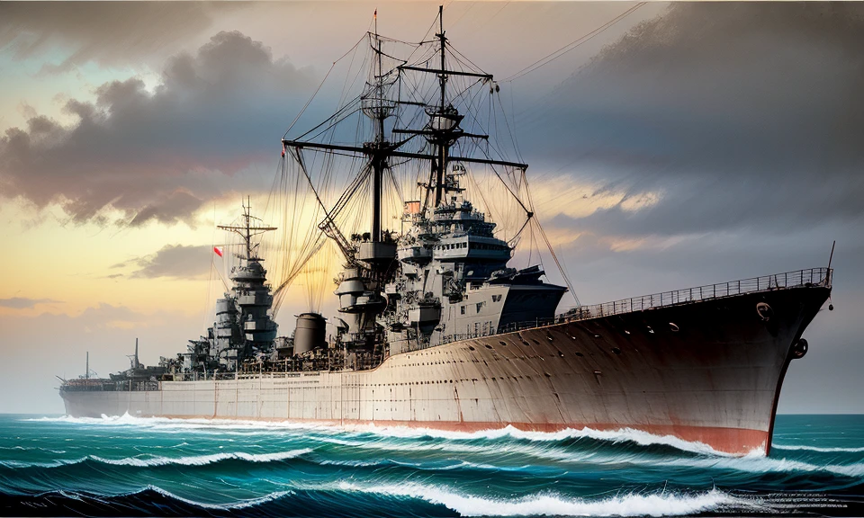 (turret:1.2),battleship, ocean watercraft, world war ii, photorealistic, no humans, ship, warship, military vehicle, military, ocean, battleship,solo vehicle focus, smokestack, <lora:waterlineship_boxart_V04:1> <lora:Modelaging_last:1.2>, oil painting, textured, layered, rich, classic, depth,timeless, soft, pastel colors, delicate, impressionistic, dreamy, feminine, airy, light, divine glowing, very detailed, cinematic, color, saturated, dramatic, background, illuminated, extremely beautiful, striking, romantic, pure, complex, glorious