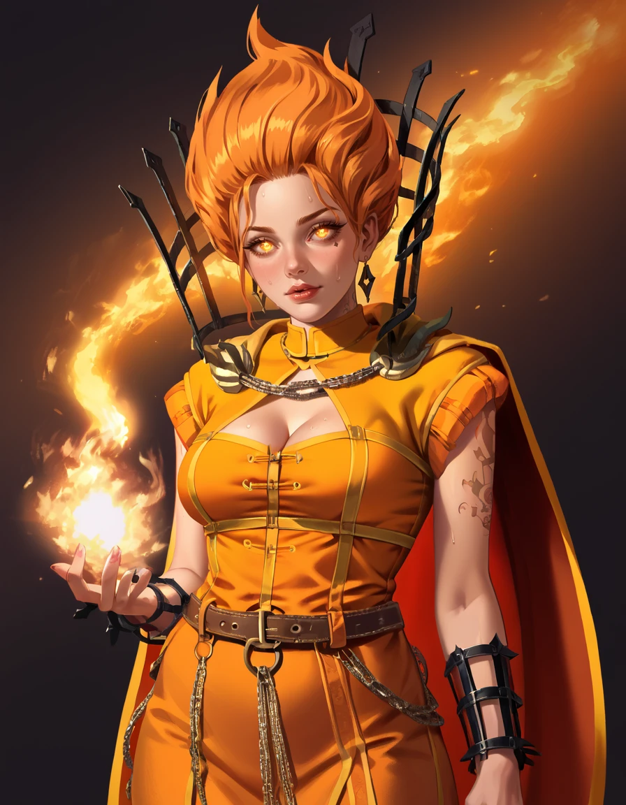 score_9, score_8_up, score_7_up, 2d, western cartoon, cartoon,
BrightWizard, mature female, curvy, voluptuous, glowing eyes, tattoos solo,
cleavage cutout, sweaty, belt, cape, chains, orange hair,
fire, geometric background,
<lora:BrightWizard_PonyXL:1>