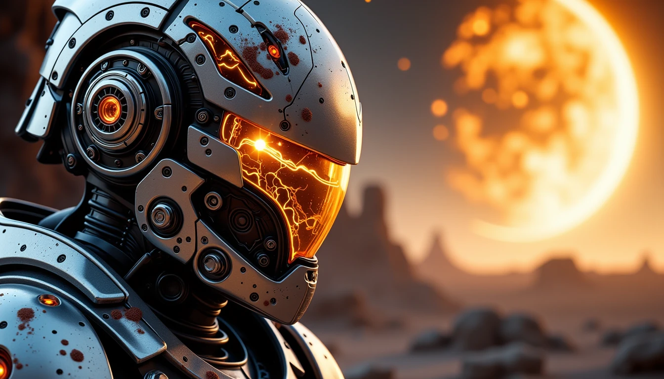 scifi robot,A close-up of the armor shows battle scars and plasma burns, testament to its durability and combat experience. The background depicts a distant star burning brightly over a metallic desert, casting harsh shadows across the landscape, highly detailed, eerie, gritty, cinematic backlight, depth of field