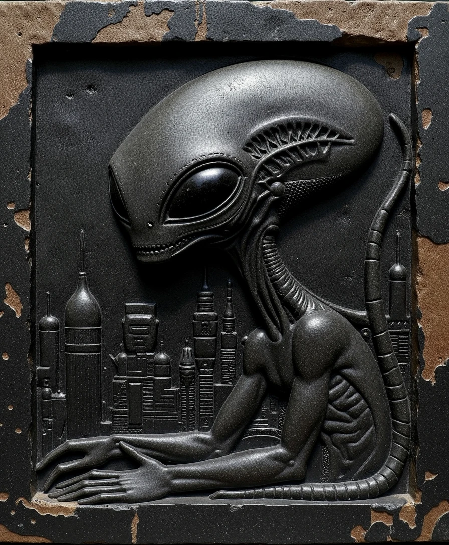 a bas relief sculpture. The sculpture is carved from a dark-colored granite stone  with a weathered texture that suggests it has been exposed to the elements for a significant time. relief depicts an alien creature with large black eyes in front of a high-tech futuristic city. The texture of the stone is rough and uneven with some areas showing signs of erosion or damage. The overall style is reminiscent of ancient Egyptianart with an emphasis on detailed symbolic representation.