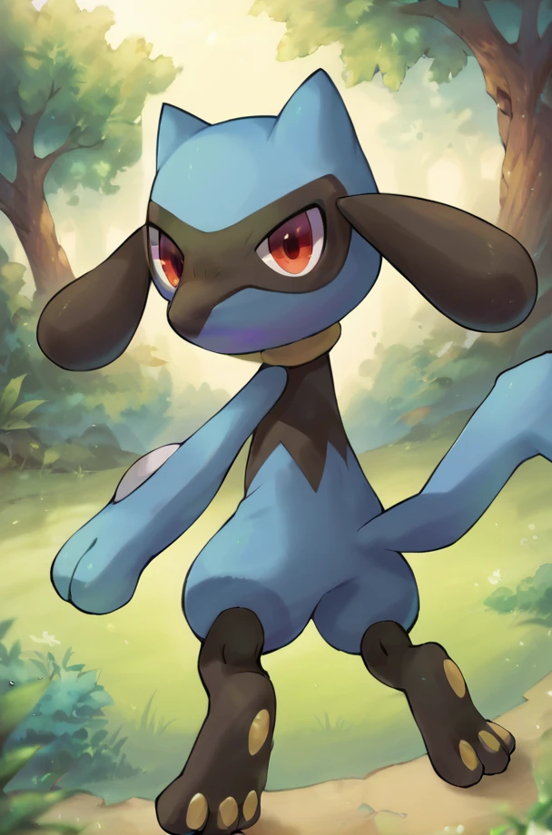 solo, 1boy, male, riolu, BREAK outdoors, forest, trees, grass, colorful, looking at viewer, front-side view, BREAK ((ultra-detailed)), ((best quality)), ((best quality)), ((beautiful eyes)), ((extremely detailed)), 4K, (8K), best quality, (beautiful), Master piece, highres, score_9, score_8_up, score_7_up, score_6_up, score_5_up, score_4_up, colorful, best quality, official art, highres, masterpiece, nai3, god light, detailed background, high quality background, very aesthetic, absurdres,  <lora:Riolu_Pokemon_Series:1> <lora:detailed_backgrounds_v2:1>