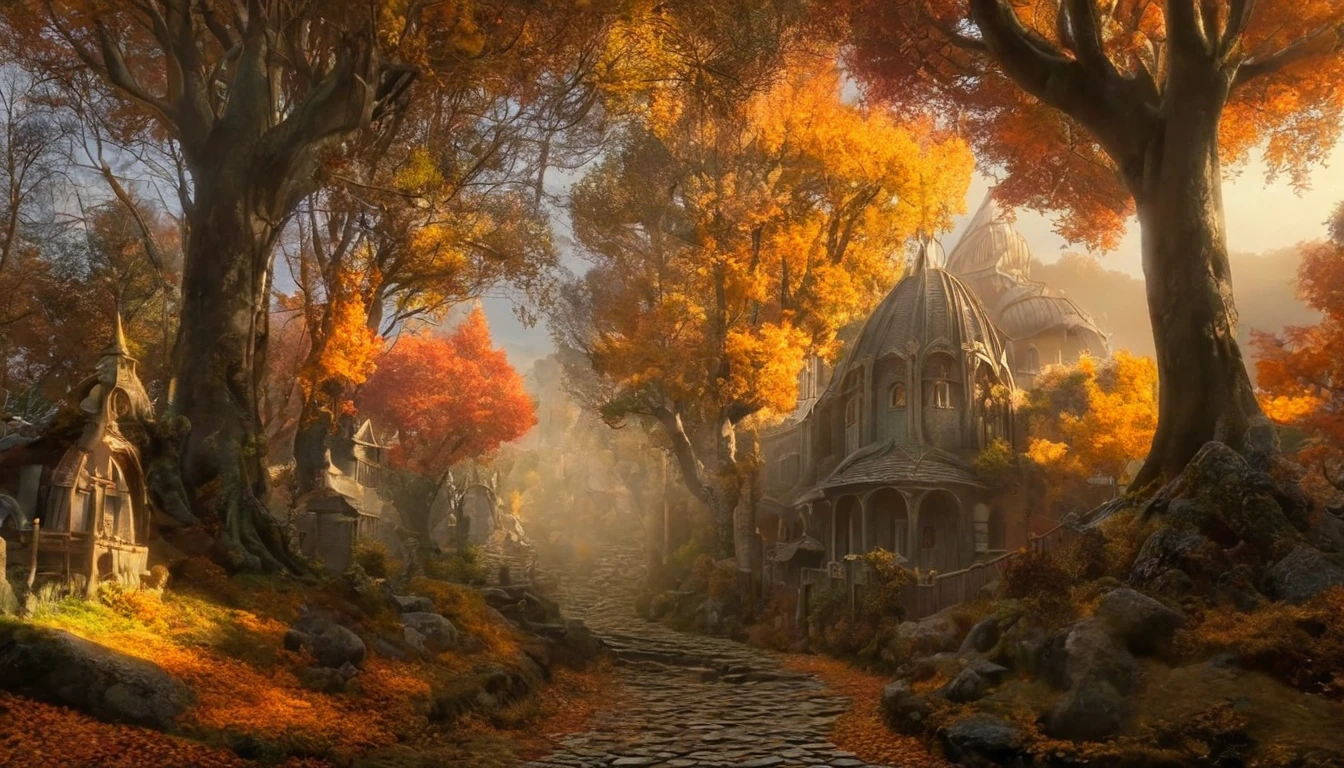 The image captures the serene beauty of an elven town bathed in the soft glow of early morning light during autumn. The town's architecture is reminiscent of ancient forests, with buildings made from wood and stone blending seamlessly into their natural surroundings. The trees lining the streets have turned vibrant shades of orange and yellow, casting long shadows on the cobblestone paths. A gentle mist hangs over the scene, adding an ethereal quality to the atmosphere. The overall mood of the image is one of tranquility and harmony between nature and civilization. It's a picturesque scene that evokes a sense of peace and timelessness. The artist has skillfully used color and lighting to create a visually stunning representation of this mystical place., score_9, score_9_up, lotr, hoblotr,