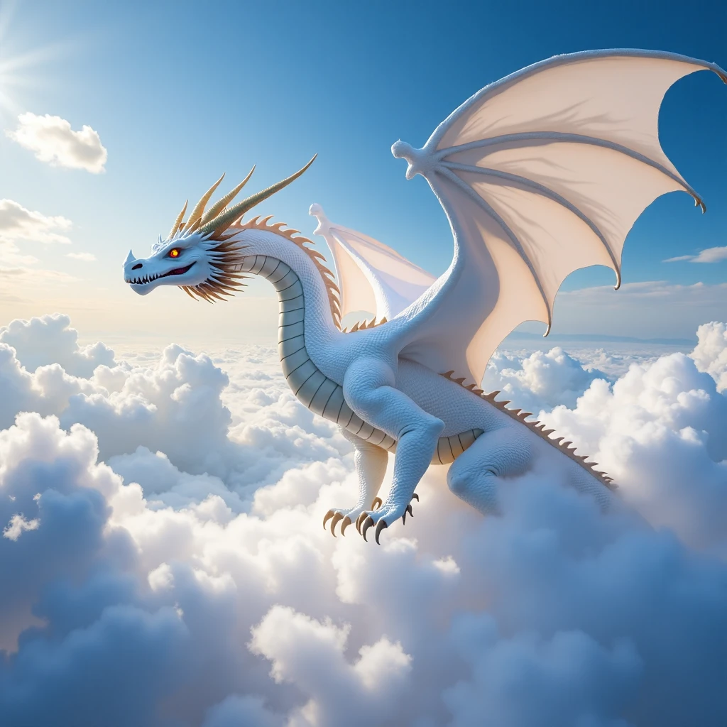 a majestic white dragon is flying through the clouds, there is no visible ground below the clouds, above the dragon are the words "Elemental Planes-Air", the scene is reminiscent of fantasy art, the scene is reminiscent of 'the elemental plane of air' in the universe of 'dungeons and dragons', <lora:Elemental_Planes-Air:1>, elementalplaneair