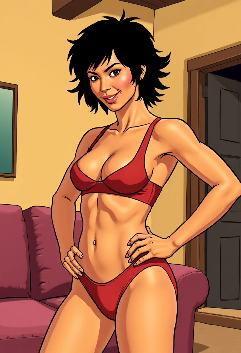 1990s comic book style flat color illustration of a Hispanic woman with extremely short black hair and a harsh face wearing elastic underwear with a sports bra and panties, standing in an adobe southwest living room with a seductive smile and one hand on her hip,Taliana, <lora:Taliana_Martinez_Grand_Theft_Auto_5_Flux:1>