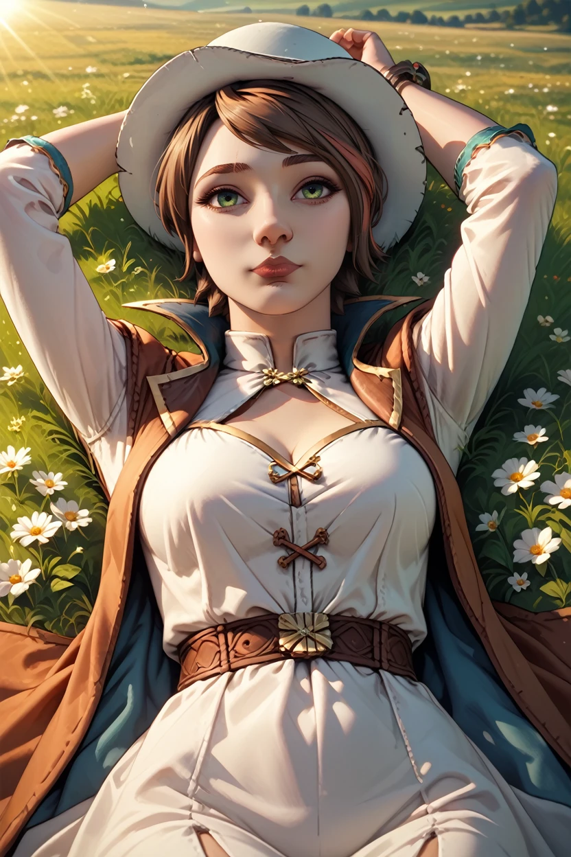 score_9, score_8_up, score_7_up, score_6_up
<lora:BFiona:0.8>
BFiona, 1girl, short hair, brown hair, green eyes, hat, looking at viewer, lying in a field of wildflowers, arms stretched out, sun shining through the clouds, soft and warm lighting, peaceful and nature-connected feeling