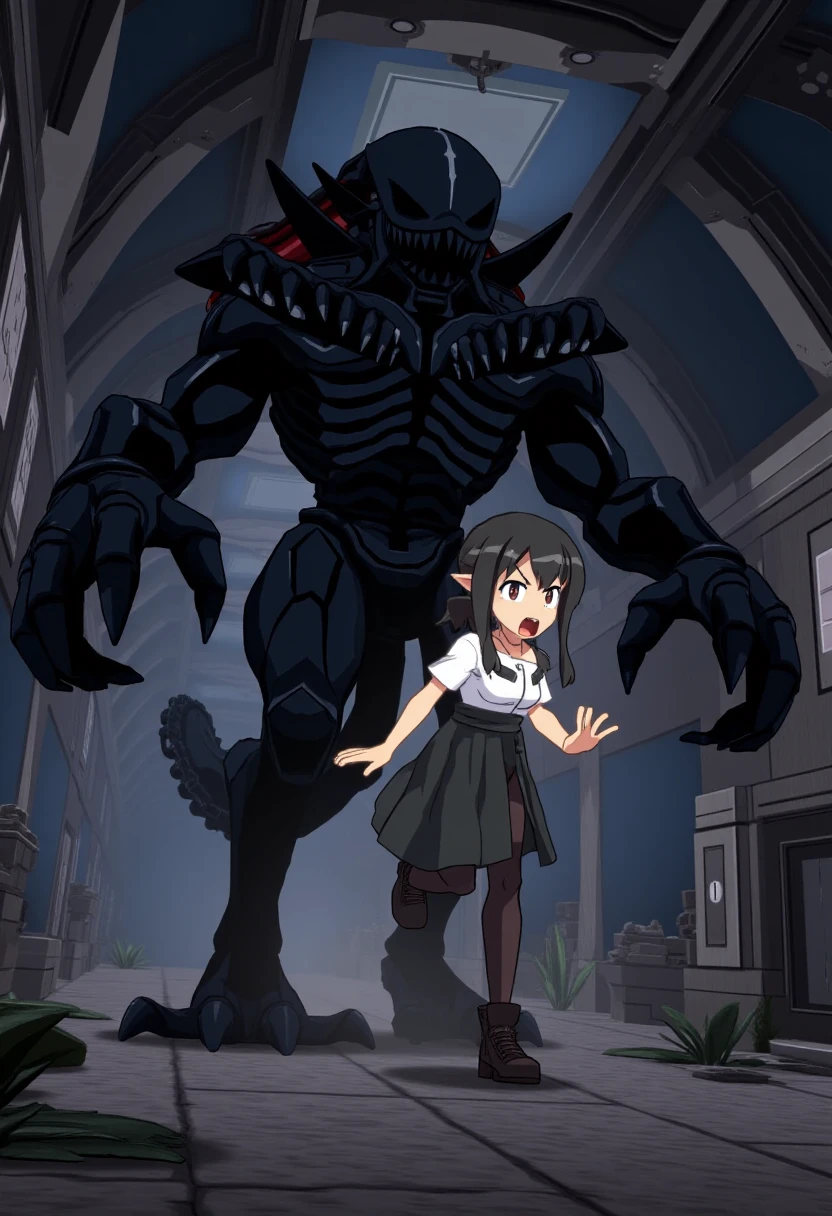 disgaea7style,black Xenomorph chasing a scared woman through an anime derelict space station. <lora:Disgaea_7_Style_F1D-000013:0.8>