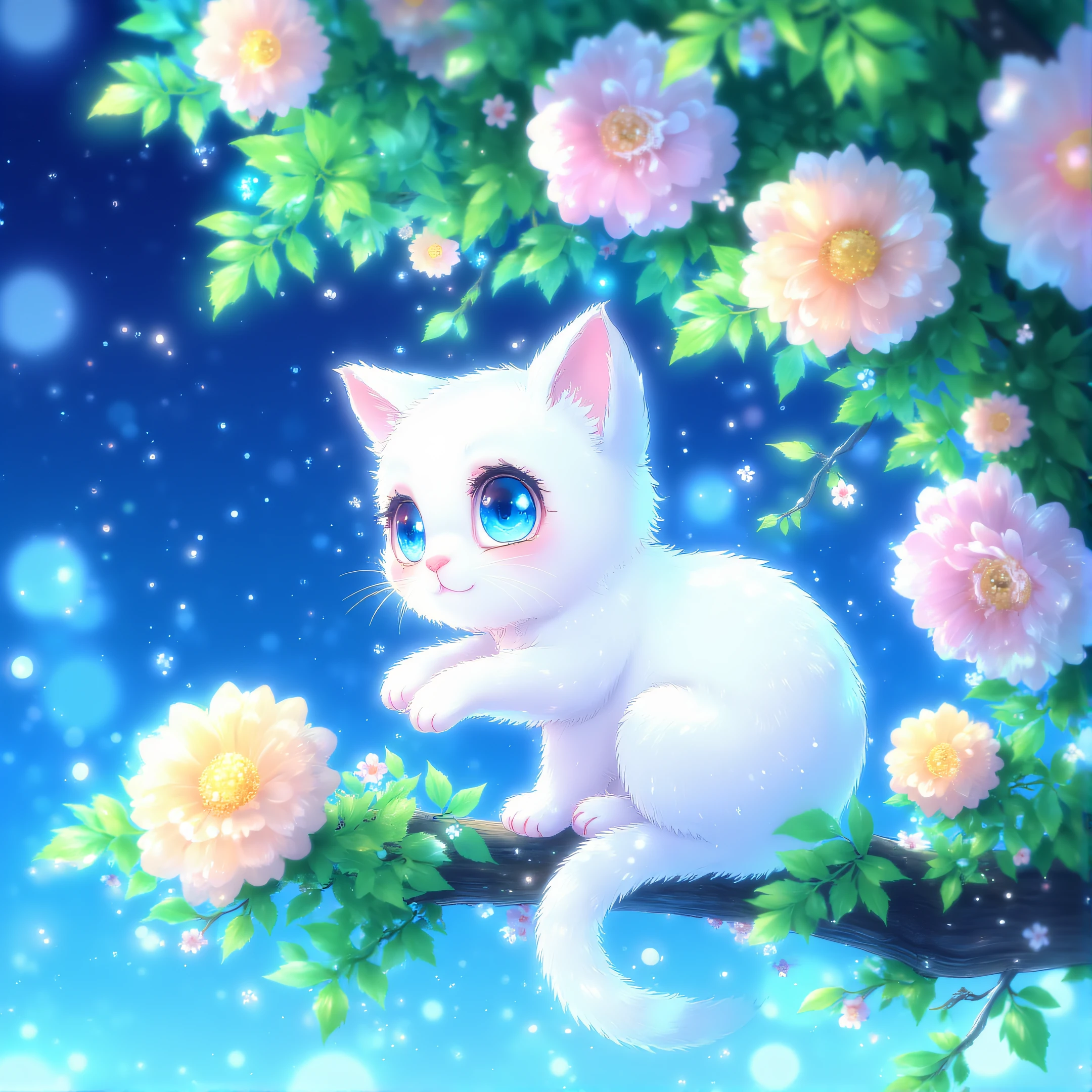 ArsMJStyle, Cute, animal, The image shows a white cat sitting atop a tree branch surrounded by a variety of colorful flowers and leaves. The background is a deep blue color giving the image an animated feel., no humans, blue eyes, flower, tree, blurry, night, sitting, sky, branch, cat