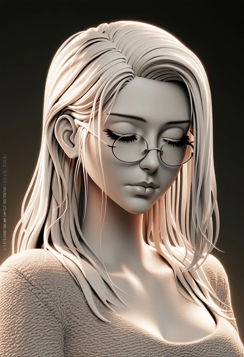 score_9, score_8_up, score_7_up, score_6_up, 
thr33d,3d3,thr33dc0l0rless,
1girl, solo, long hair, breasts, simple background, cleavage, medium breasts, closed mouth, collarbone, monochrome, closed eyes, upper body, glasses, artist name, lips, gradient, gradient background, eyelashes, watermark, portrait, web address, realistic, nose, round eyewear