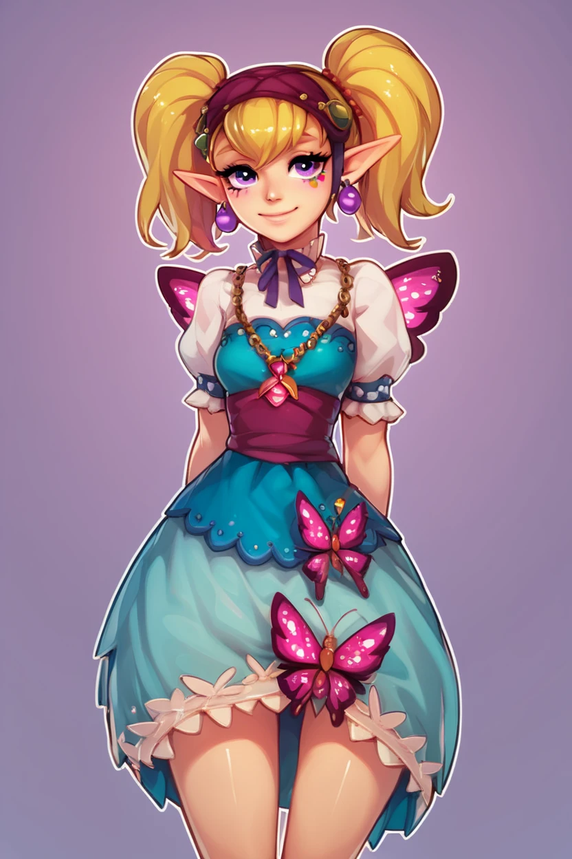 score_9, score_8_up, score_8, medium breasts, (curvy), cute, eyelashes,       BREAK, , <lora:Agitha_Zelda_PDXL:1.0>,  zzAgitha, purple eyes, blonde hair, twintails, pointy ears, jewelry, earrings, gloves, dress, butterfly wings, , BREAK, smile, looking at viewer,  abstract background, white outline, cowboy shot, embedding:zPDXL, Expressiveh, <lora:CatalystStylePDXL:0.6>,  <lora:SDXLFaeTastic2400:0.5>,  <lora:Expressive_H-000001:0.4>,