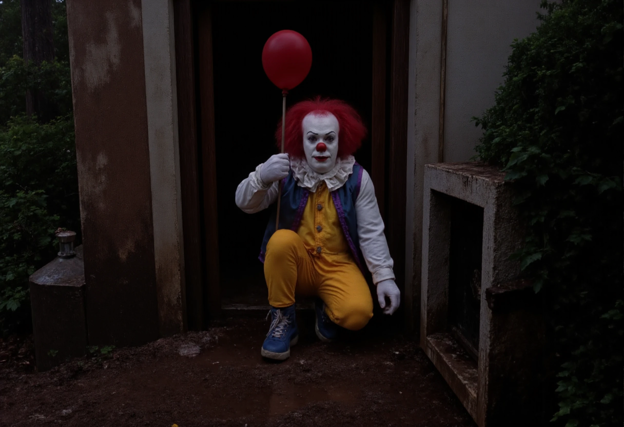 <lora:no-blur:1>,  <lora:Pennywise_91:1>, Pennywise_91
Pennywise in the Sewers: A Horror-Themed Scene
Character Details:
Face: Pennywiseâs unsettling, pale face stands out starkly against the dark, grimy backdrop of the sewer. His makeup is smeared slightly from the dampness, giving his already menacing appearance an even more terrifying, distorted look. His piercing blue eyes glow unnaturally in the dim light, radiating a malevolent presence that feels all-consuming. His signature wild red hair clings to his head in matted clumps from the moisture, making him appear even more unhinged. The heavy black eyeliner and crimson smile stretch unnervingly wide, adding a grotesque emphasis to his twisted expression.
Attire:
Weathered Clown Suit: Pennywiseâs once-bright yellow clown suit is now faded and dirty, smeared with mud and streaked with grime from the depths of the sewers. The large red pompoms that line the front of his suit are damp and tattered, sagging from the filth around him. The blue jacket, though still shimmery in parts, is tarnished, its sequined texture reflecting faint, flickering light as he moves through the sludge. His white ruffled collar is stained with dirt and water, no longer pristine but rather a reminder of his decaying, chaotic nature.
Clown Shoes and Gloves: His oversized clown shoes squelch as he steps through the murky water of the sewer tunnels, the bright yellow hue dulled by the filth. His white gloves, once pristine, are now stained brown from the muck, yet they still complete his horrifying clownish appearance.
Scene Setting:
Sewer Tunnels: The scene is set deep within the labyrinthine sewers beneath the city. The narrow, claustrophobic tunnels are dimly lit by the occasional flickering lightbulb, casting long, eerie shadows along the damp walls. Water drips steadily from the ceiling, echoing through the silence, while the foul smell of decay and rot hangs heavy in the air. The walls of the sewer are slick with moisture, coated in a thin film of algae and grime, and the dark, murky water that flows through the tunnels seems to carry a sinister presence of its own.
Grimy Sewer Floor: Pennywise stands ankle-deep in the filth of the sewer floor, the water swirling around his feet as it drains into unseen depths. The ground is littered with debrisârotting wood, broken pipes, and discarded trashâadding to the sense of decay and abandonment that permeates the scene.
Lighting and Mood:
Dim, Flickering Light: The only light in the sewers comes from a flickering, dying bulb hanging from the ceiling, casting erratic shadows across Pennywiseâs face. This weak, inconsistent light reflects off the wet surfaces of the tunnel walls, creating a disorienting and unsettling effect. The dim lighting accentuates the sharp features of Pennywiseâs face, making his gaunt, hollow eyes and wide, twisted grin even more pronounced and terrifying.
Claustrophobic Atmosphere: The narrow, damp tunnels create a sense of oppressive claustrophobia, as though the walls are closing in. The distant sound of water dripping, the scurrying of unseen rats, and the constant echo of Pennywiseâs movements through the muck all add to the overwhelming sense of dread. Every step he takes feels deliberate, as though he is stalking an unseen prey.
Action and Emotion:
Predatory Stance: Pennywise is crouched low, his body half-hidden in the shadows, watching intently from a darkened corner of the sewer. His head tilts slightly, his glowing eyes locking onto something unseen, his twisted smile widening as if he is about to pounce. His hands, gloved and filthy, rest on the edge of a rusted pipe, ready to lunge forward at any moment. There is a calm, predatory nature to his stance, as though he knows there is no escape for whoever ventures into his domain.
Lurking Terror: The tension in the air is palpable, with Pennywiseâs slow, deliberate movements heightening the sense of inevitable doom. The darkness of the sewers seems to pulse with his presence, as though he is one with the environment, using the shadows to his advantage. His calm expression and twisted grin suggest that he is in complete control, feeding off the fear that the sewers seem to amplify.
Background Elements:
Rusted Pipes and Damp Walls: The walls of the sewer are lined with corroded metal pipes, dripping water at irregular intervals, while rusted grates and broken tiles create an uneven, treacherous surface. The constant dripping of water echoes through the tunnels, combining with the distant rush of the sewer system to create an ominous soundscape that heightens the fear. Patches of mold and moss cling to the walls, illuminated only by the occasional flicker of light, giving the entire setting a decayed, forgotten feel.
Hidden Shadows: The darkness beyond Pennywiseâs immediate surroundings is thick and impenetrable, hiding whatever horrors might lurk in the deeper recesses of the sewer. Rats scurry through the darkness, their squeaks barely audible over the sound of rushing water. The flickering light creates an unsettling effect, as though shapes are moving just beyond the field of vision, waiting to emerge from the shadows.
Overall Mood:
Unrelenting Fear: The combination of the tight, claustrophobic environment, the dim, flickering light, and Pennywiseâs unnervingly calm demeanor creates an atmosphere of unrelenting fear. The sewers become a prison, with no clear way out and the constant, looming threat of Pennywise hiding in every shadow. His presence dominates the scene, creating an overwhelming sense of dread and helplessness.