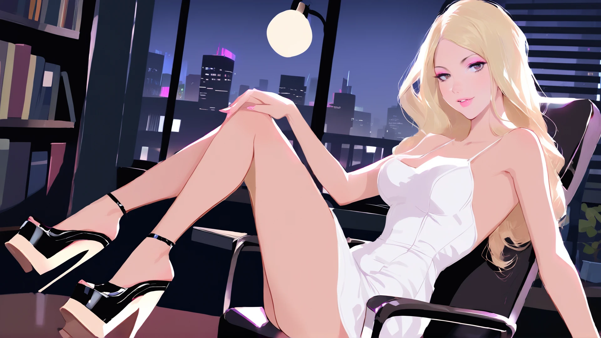 score_9, score_8_up, score_7_up, 1girl, source_anime, (blonde, long flowing hair), (k4yla:1.8), (large breasts:1), (office, night, city, window, dark theme, business office, shelves, desk, lamp, chair:1.1), (pinup girl pose, sexy pose, sitting in chair:1.5), (pink eyeshadow:1.4), skinny, slender body, narrow waist, (white sundress, black platform wedge shoes:1.7), <lora:k4yla:1> dramatic lighting, spotlight, reflection, (looking at viewer, from side, pov:1.7),