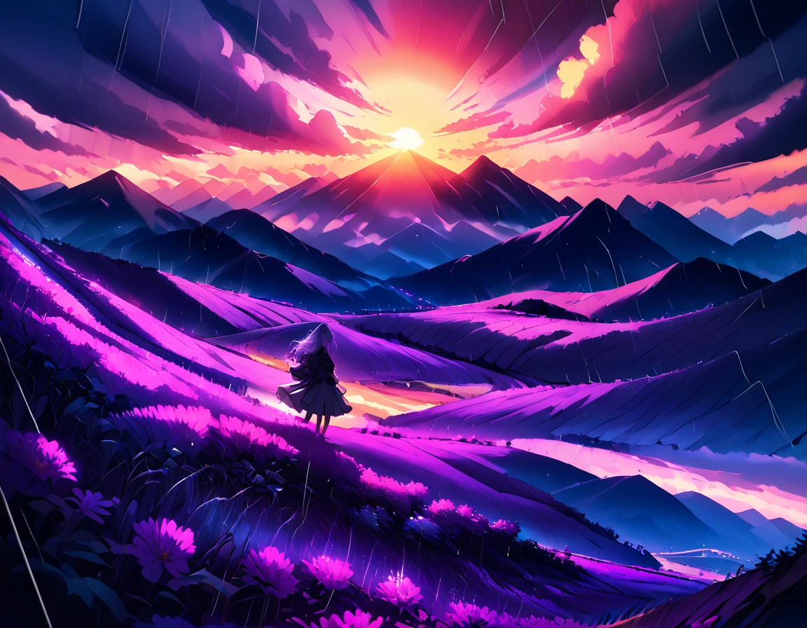 dreamy soft lines, muted colors, vibrant colors, high detailed illustration, lavender fields, mountains, beautiful sunset, rain, dynamic rainbow,  <lora:Dreamy_soft_lines_for_Pony:1>