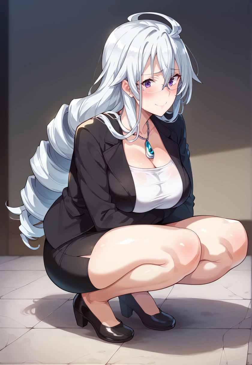 (light smile, blush,  embarrassed),   <lora:RitsukaTakesaka-10:1> ritsukatakesaka, long hair, drill hair, white hair, purple eyes, large breasts, black jacket, white shirt, black skirt, pendant, necklace, glasses <lora:squattingPoseNSLT:1> squatsquat, squatting,, 16k, masterpiece, absurdes, highly detailed, highres, high quality, best quality, score_9, score_8_up, score_7_up, score_6_up, shiny, shiny skin, shiny hair