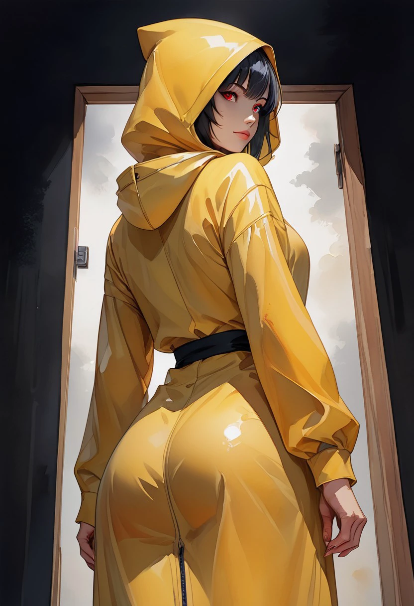 high res, good quality, accurate face, ((high resolution:1.2), (hi-res:1.2), masterpiece, best quality), ng_deepnegative_v1_75t, easynegative, fcNeg, Girl wearing a yellow raincoat, short black hair, pale white skin, hood over head, red eyes, standing, dynamic pose, black aura, black mist, dark background, bangs, view from below, view from behind, looking behind, girl looking at massive door, solo, Expressiveh, watercolor \(medium\), traditional media, sleeves,