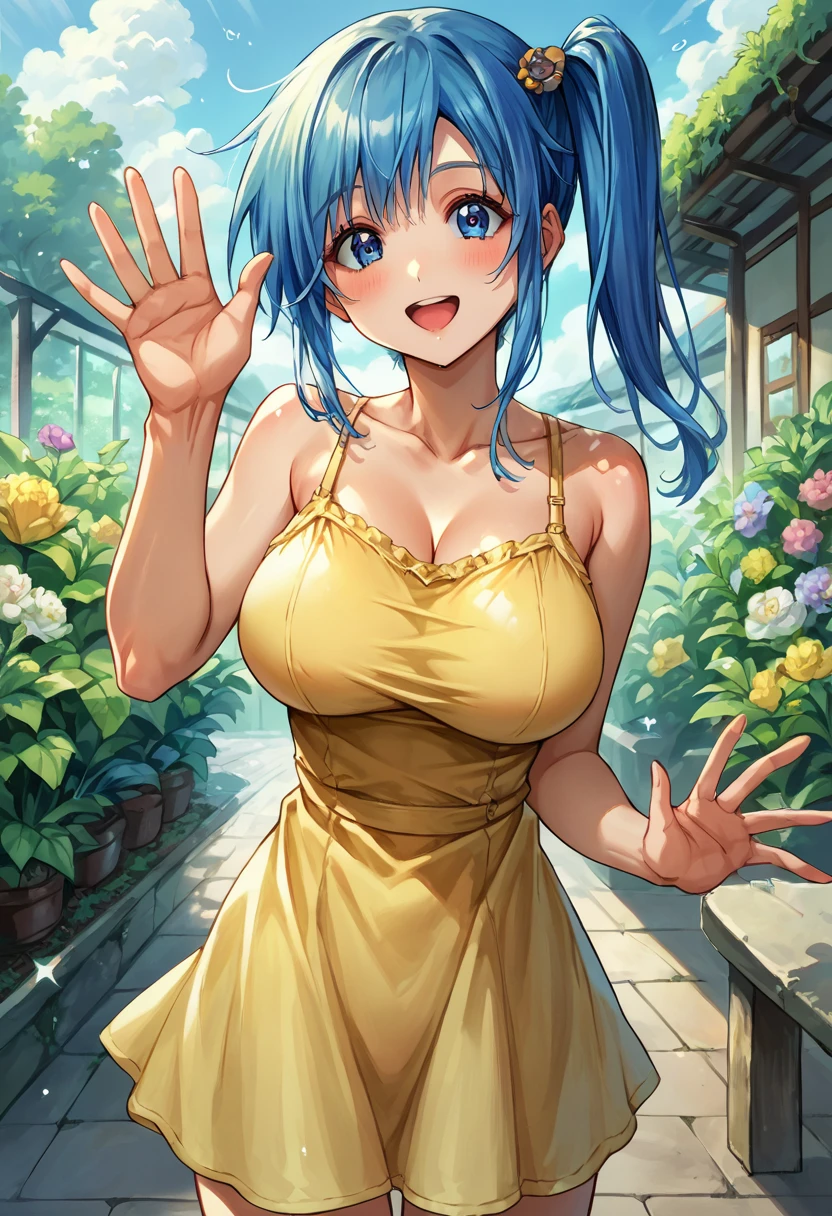 score_9, score_8_up, score_7_up, source_anime BREAK 1girl, solo, diver_misaki, cowboy shot, one-piece dress, camisole dress, yellow camisole, bare shoulders, large breasts, blue hair, bangs, hair ornament, side ponytail, blue eyes, looking at viewer, smile, open mouth, waving hand, garden <lora:diver_misaki:0.9> <lora:cnv3mdde878c738thn20:0.5>