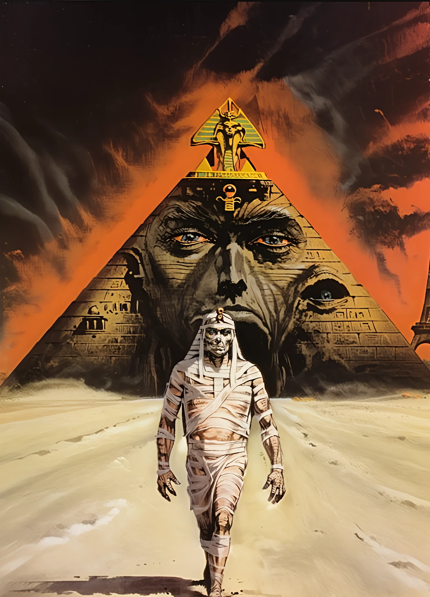 <lora:larry-brent_pony_v2:1> a cover of a larry brent novel,illustration \(genre\),pulp art \(style\) horror , spooky, a MUMMY IS WALKING THROUGH A EGYPTIAN PYRAMID, score_9, score_6_up, score_7_up