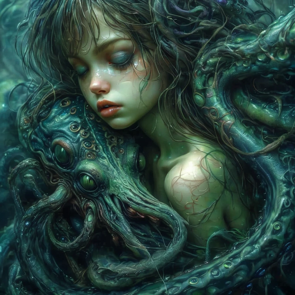 visiosomni a girl in the arms of a creature with tentacles, very dark and realistic<lora:visiosomni:1>