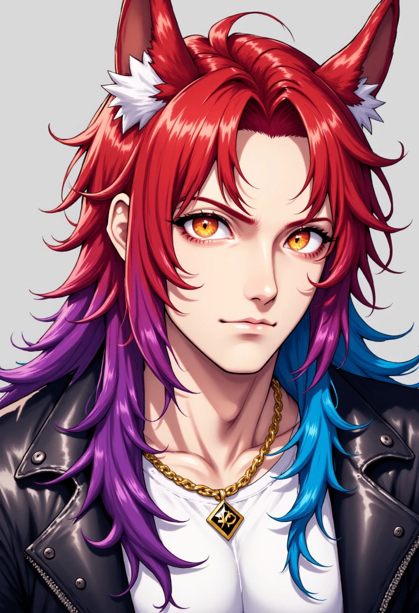 dsk_aesthetic, animal ears, jewelry, male focus, jacket, multicolored hair, red hair, necklace, yellow eyes, multiple boys, blue hair, leather, leather jacket, piercing, shirt, solo focus, ear piercing, earrings, white shirt, looking at viewer, black jacket, long hair, upper body, purple hair, 3boys, animal ear fluff