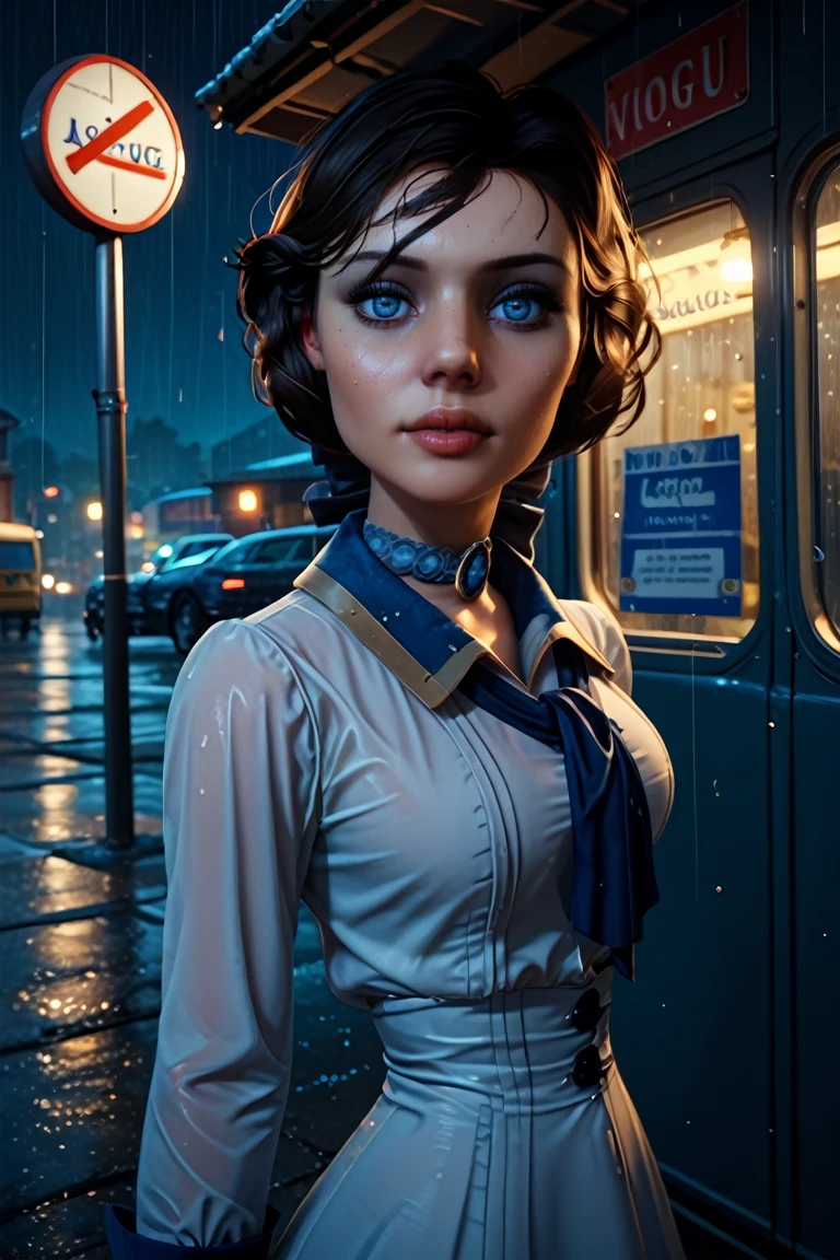 score_9, score_8_up, score_7_up, score_6_up, score_5_up, score_4_up
<lora:BioshockElizabeth:1.0>
BioshockElizabeth, 1girl, brown hair, blue eyes, looking at viewer, bus stop,night,rain, leaning back, dynamic lighting, modern, vogue