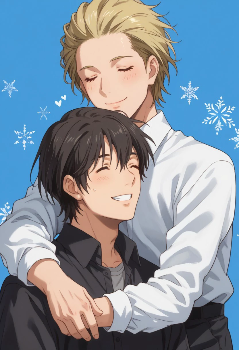 score_9, score_8_up, score_7_up, source_anime, rating_safe, AlexDG, blonde_Alex_hair slicked back, NatsuoDG, black_Natsuo_male hair, gay couple focus, 1boy, 1androgynous, best friends, closed eyes, wide smile, hug, sweet-cute wallpaper, happy-cheery,