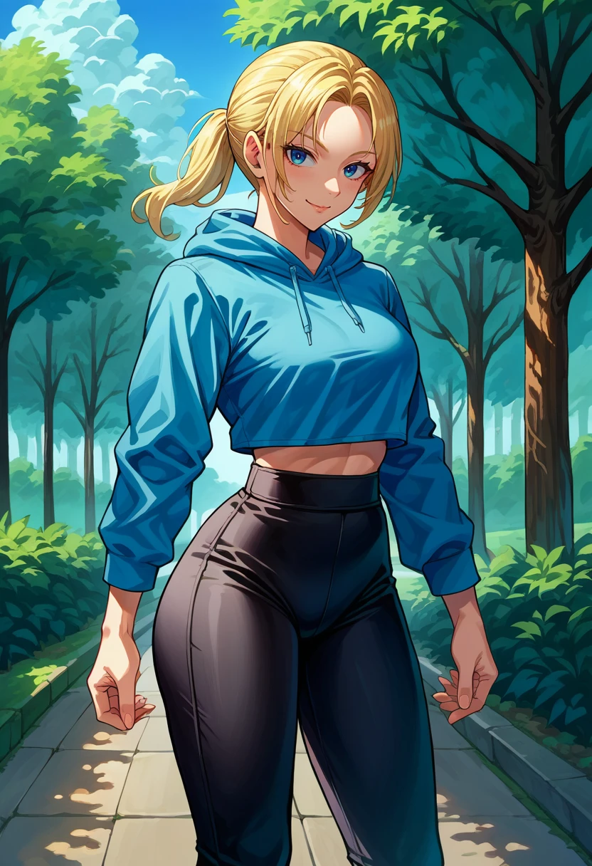 score_9, score_8_up, source_anime, 1girl, solo, NinWilliams, medium hair, ponytail, outdoors, park, blue hoodie, high-waist pants, yoga pants, black pants, light blush, smile, <lora:ChamNinaWilliamsPonyXL:1>