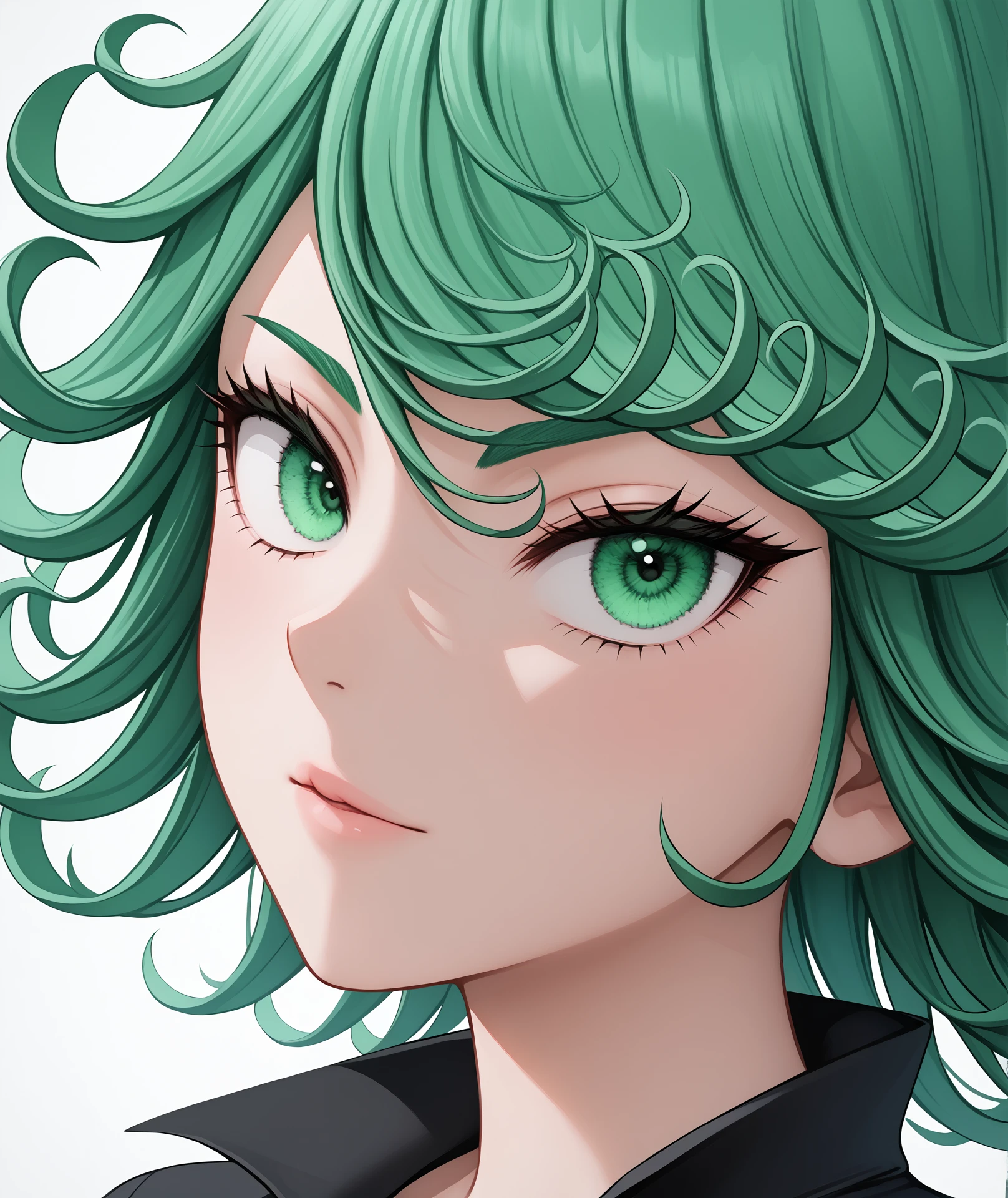 score_9, score_8_up, source_anime, highres, hi res, best quality, masterpiece, 2d, intricate details, official style, anime, 4k, anime style,
1girl, solo, female, green eyes, curly hair, green hair, bangs, flipped hair, short hair, one-punch man, tatsumaki,
green theme, 
eyelashes, close-up, reflection, eyes focus,
portrait, foreshortening, looking at viewer, <lora:GalaxyEyes1024_Pony:1>