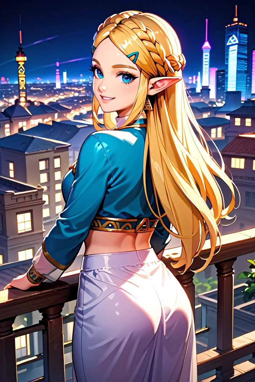 score_9, score_8_up, score_7_up, score_6_up
<lora:PZelda:1.0>
PZelda, 1girl, blonde hair, long hair, blue eyes, pointy ears, looking at viewer, confident smile, leaning against railing, looking back, rooftop terrace, city lights, nighttime