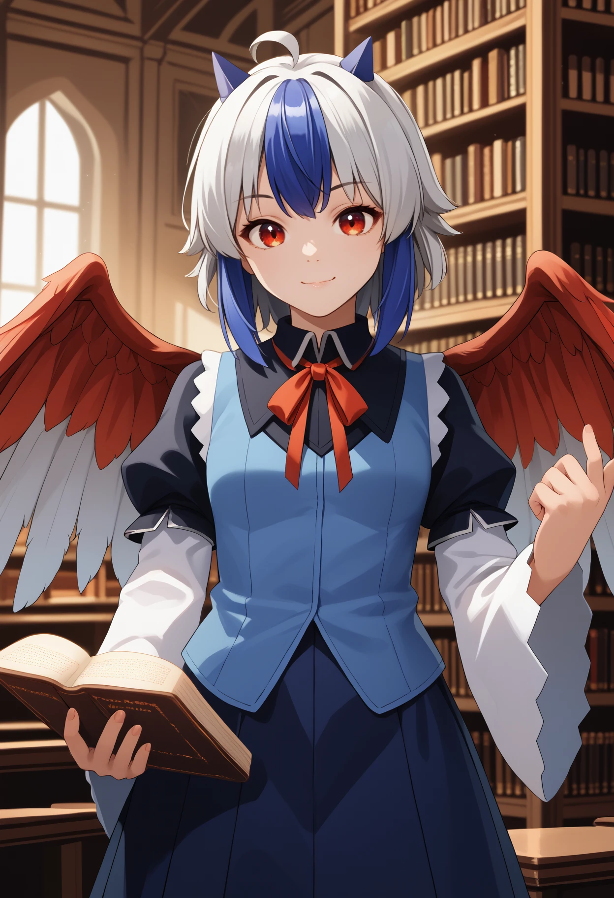 score_9, score_8_up, score_7_up, source_anime, <break> solo, 1girl, t0kiko, red wings, bird wings, feathered wings, smile, closed mouth, looking at you, standing, holding book, ahoge, horns, single head wing, blue vest, neck ribbon, red ribbon, short over long sleeves, wide sleeves, puffy sleeves, indoors, library
<segment:yolo-face_yolov8m.pt,0.4,0.5//cid=1>